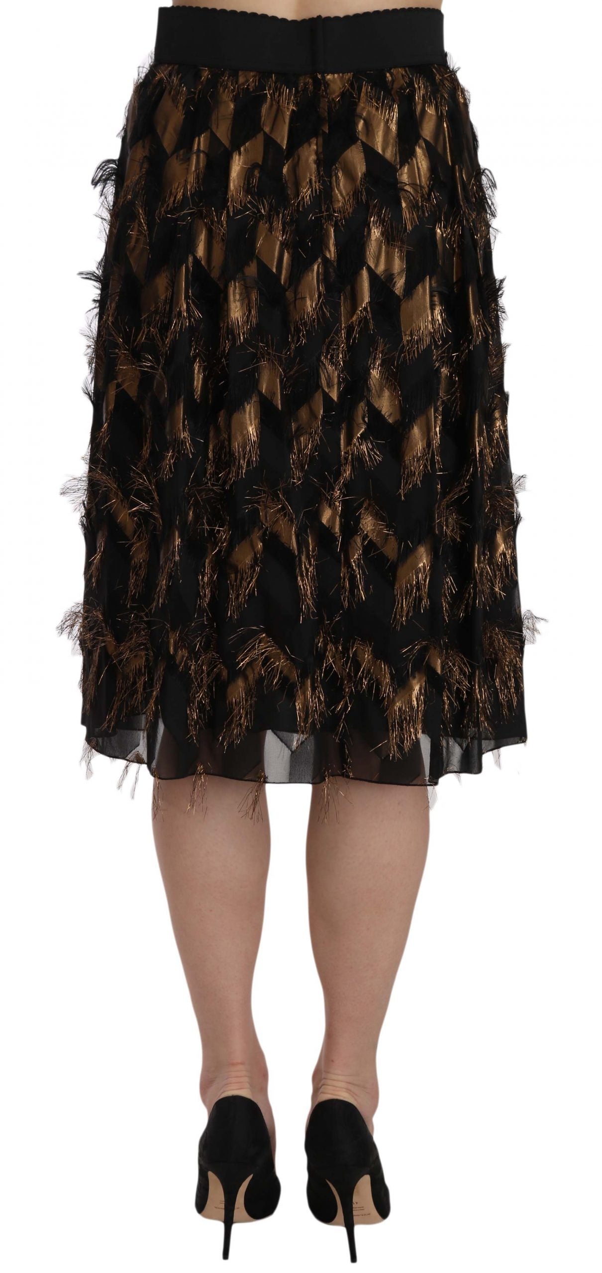 - Elegant Gold Black Silk Blend High Waist Skirt