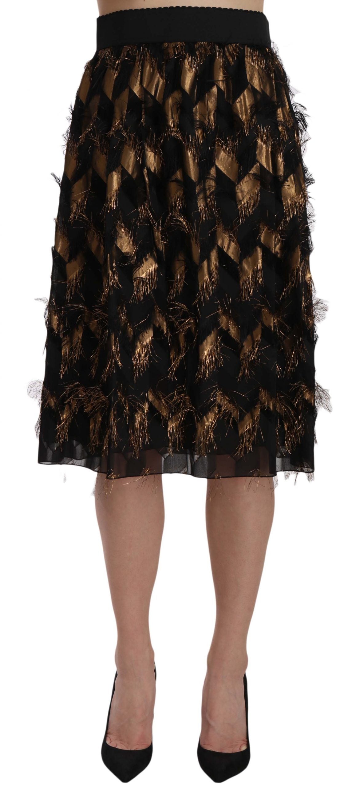 - Elegant Gold Black Silk Blend High Waist Skirt