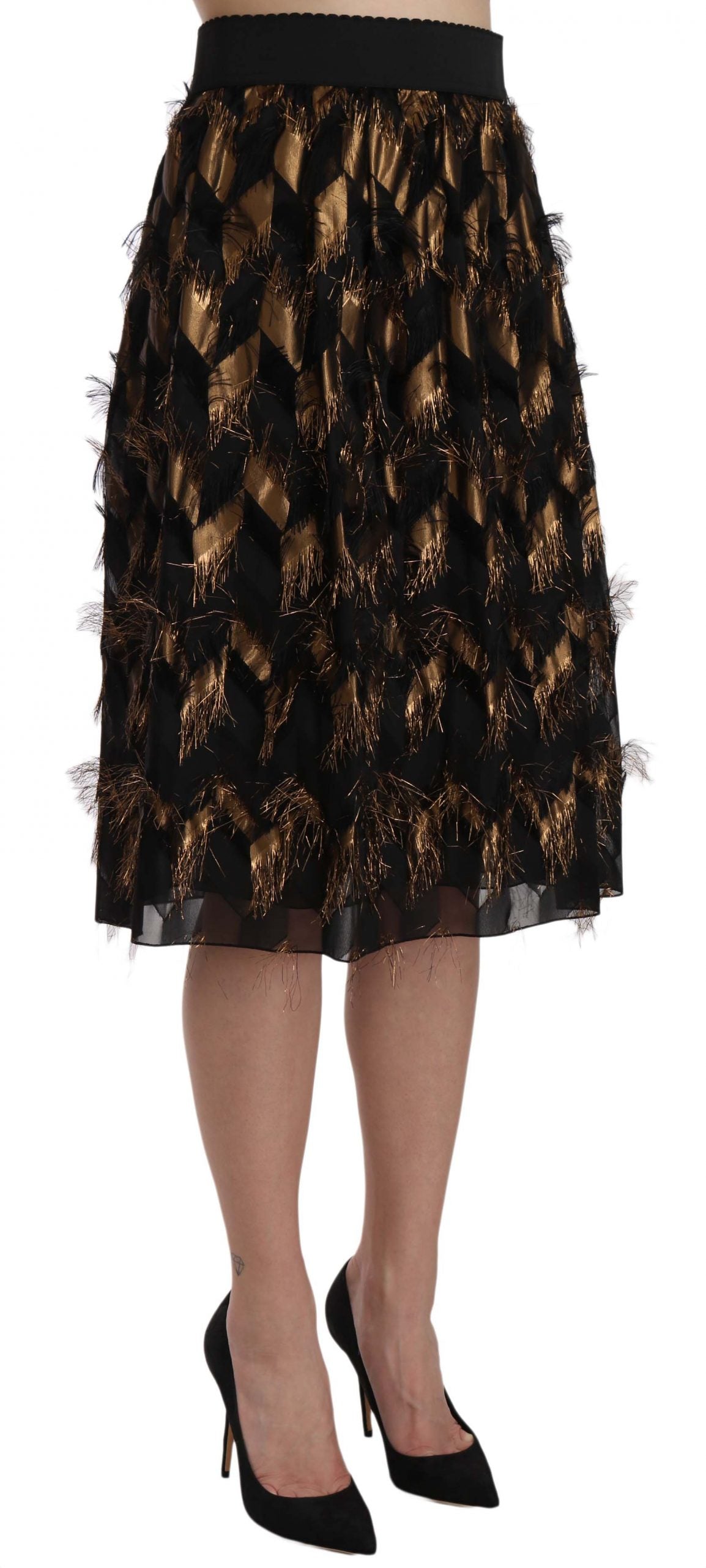 - Elegant Gold Black Silk Blend High Waist Skirt