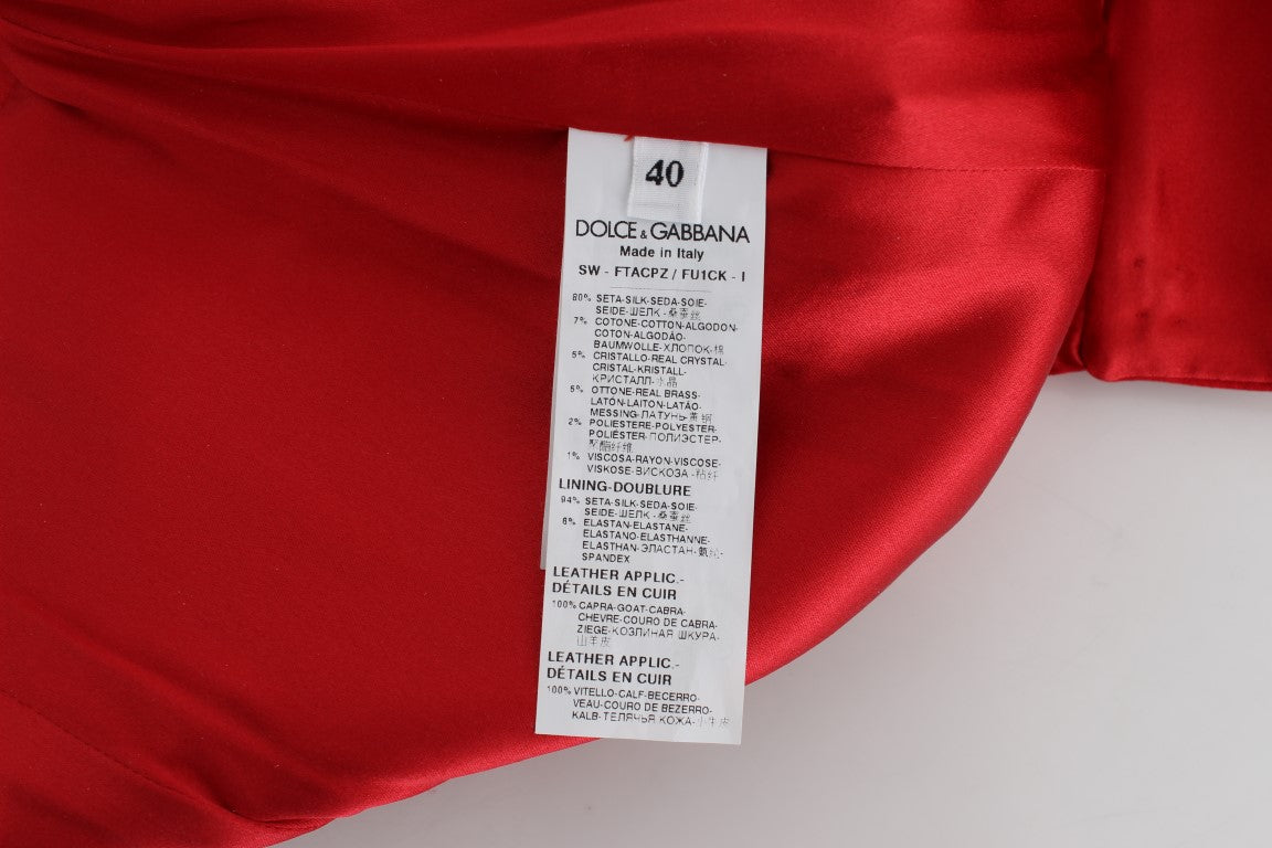 - Red Silk Crystal-Embellished High Waist Shorts