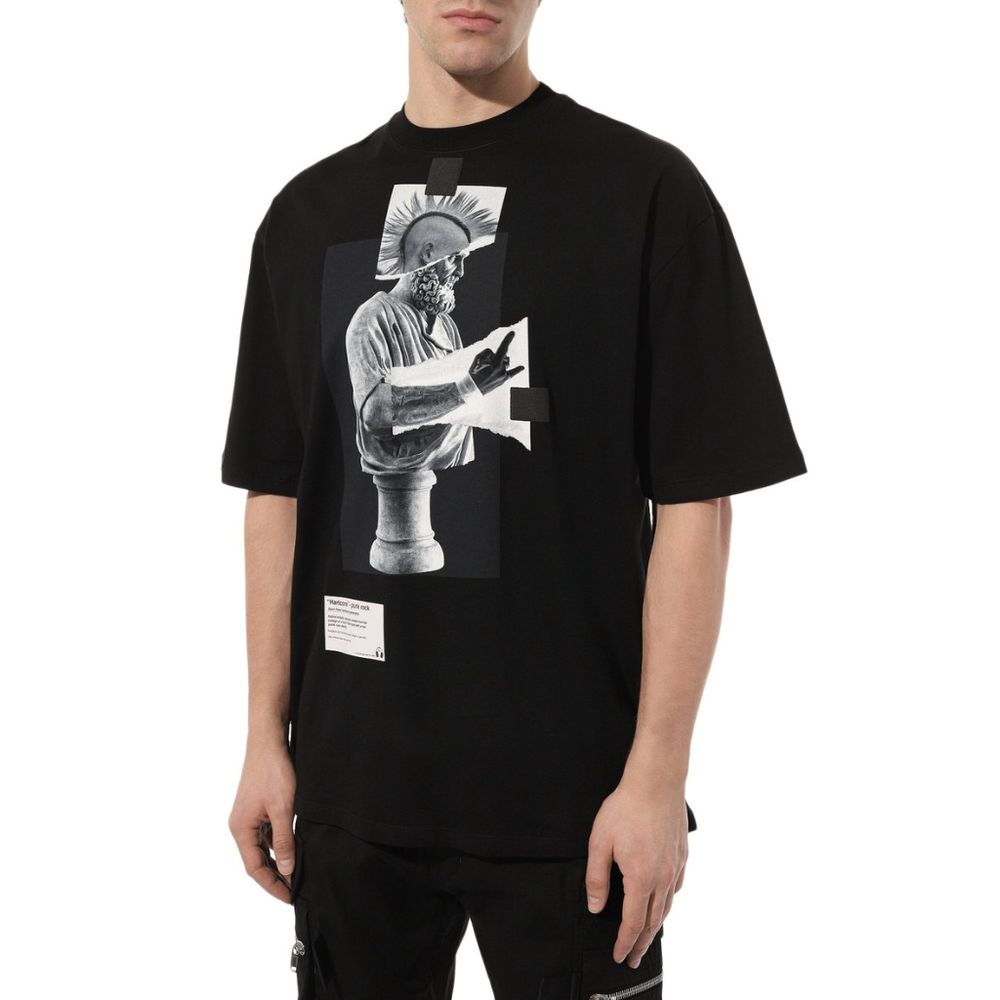 Diego Venturino Black Cotton Crew Neck T-Shirt with Front Print