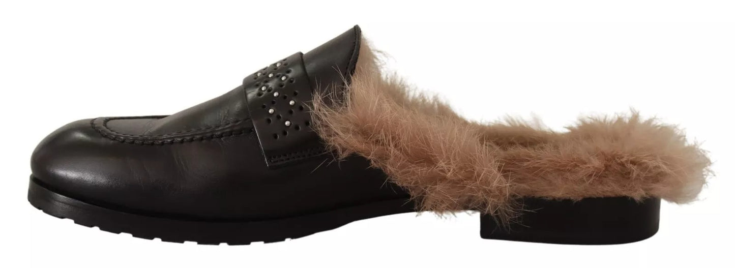Peserico Black Leather Fur Perforated Slip On Flats