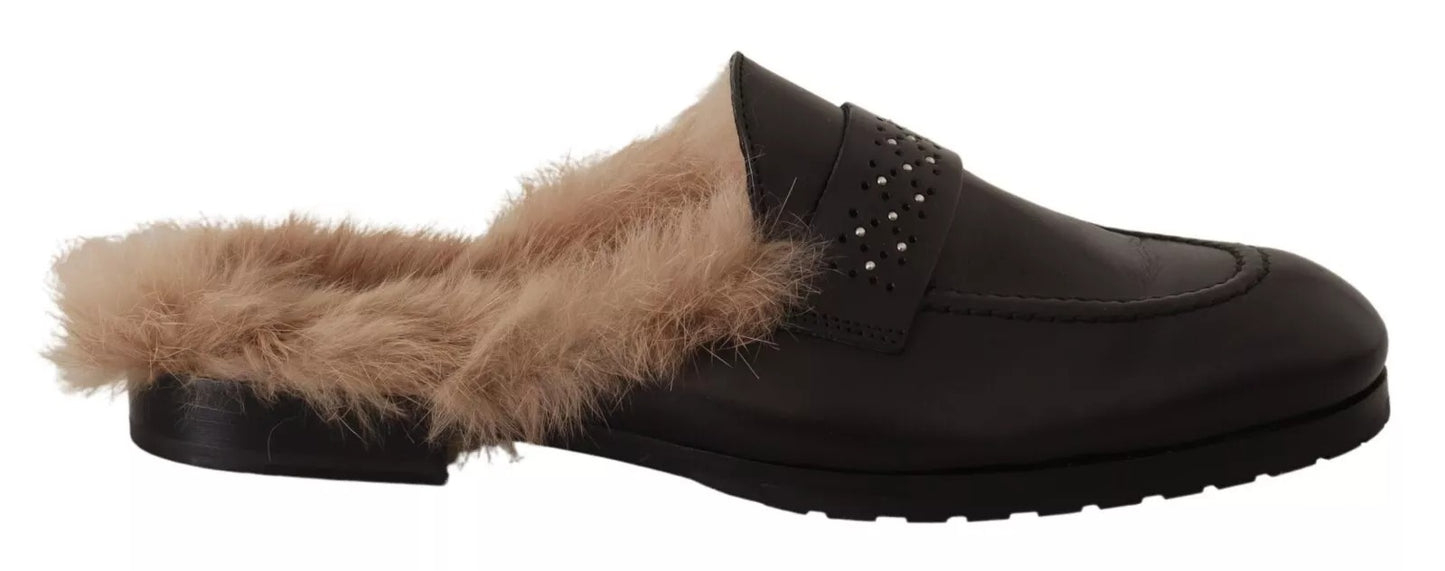 Peserico Black Leather Fur Perforated Slip On Flats