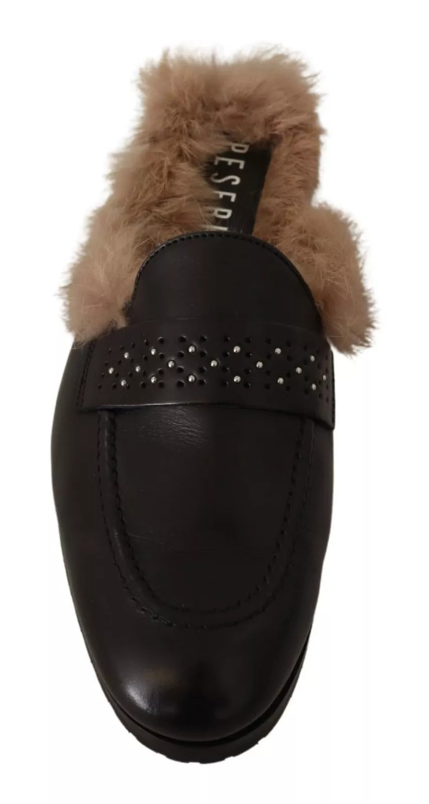 Peserico Black Leather Fur Perforated Slip On Flats