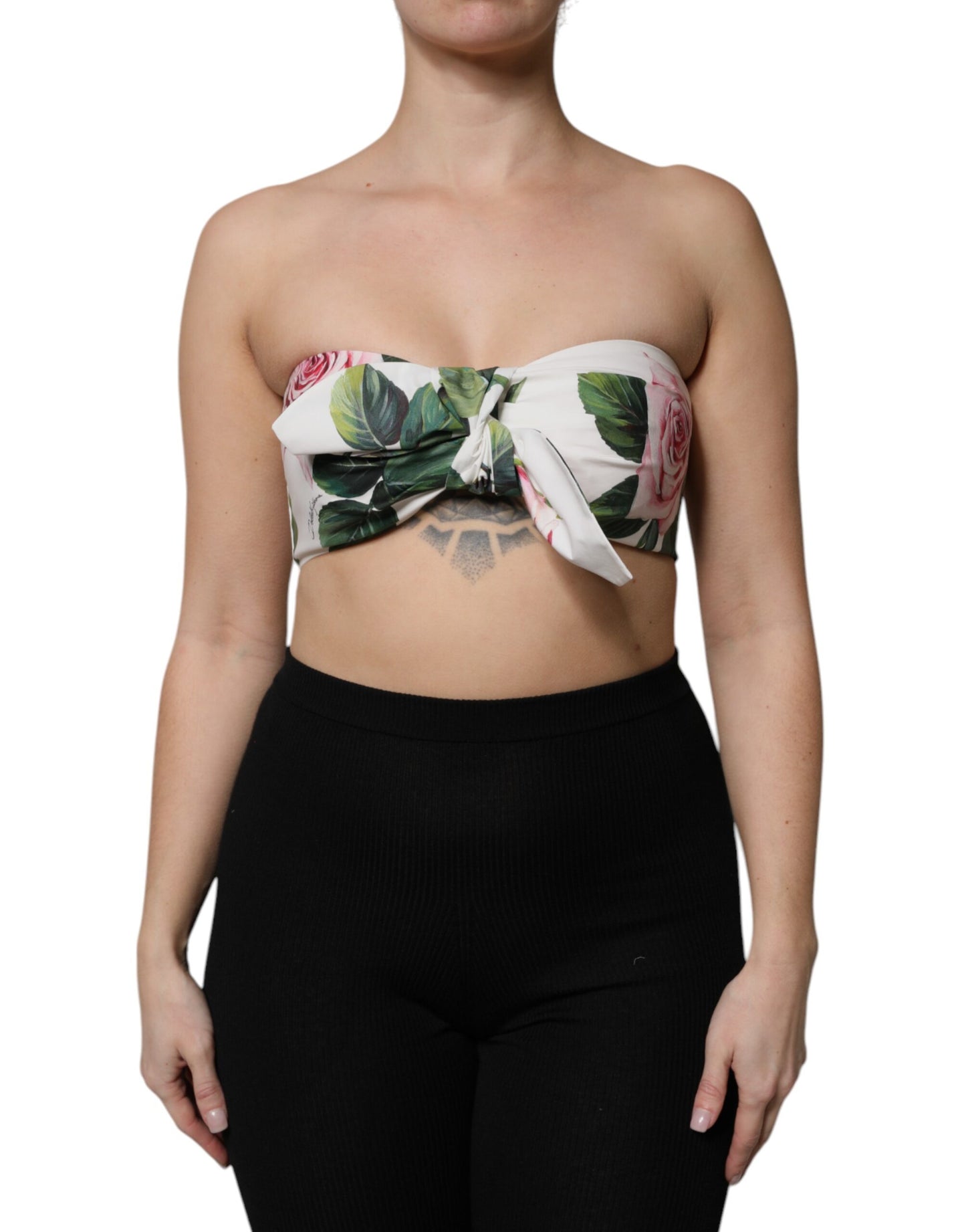Dolce & Gabbana White Floral Print Cropped Bustier Cotton Top