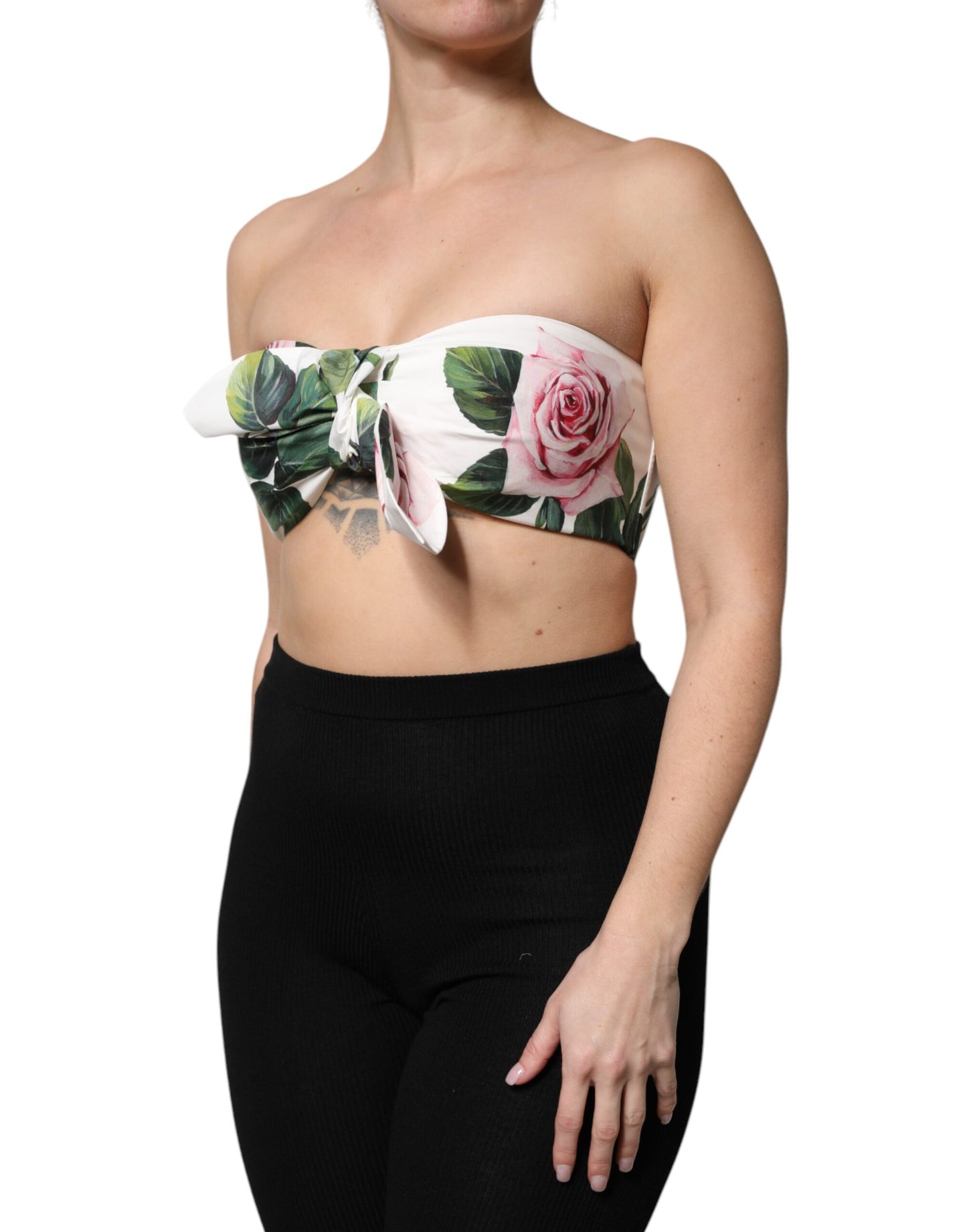 Dolce & Gabbana White Floral Print Cropped Bustier Cotton Top