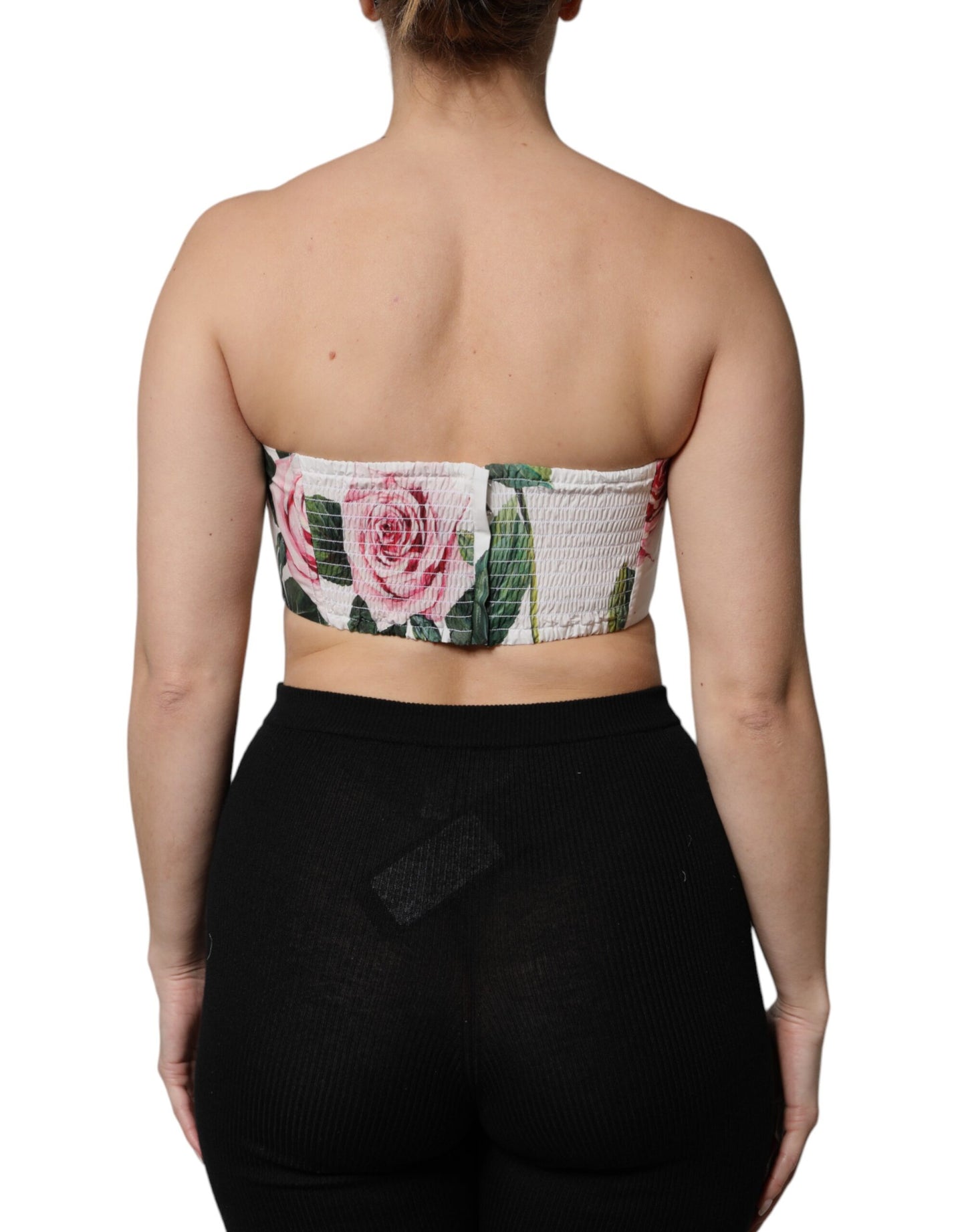 Dolce & Gabbana White Floral Print Cropped Bustier Cotton Top