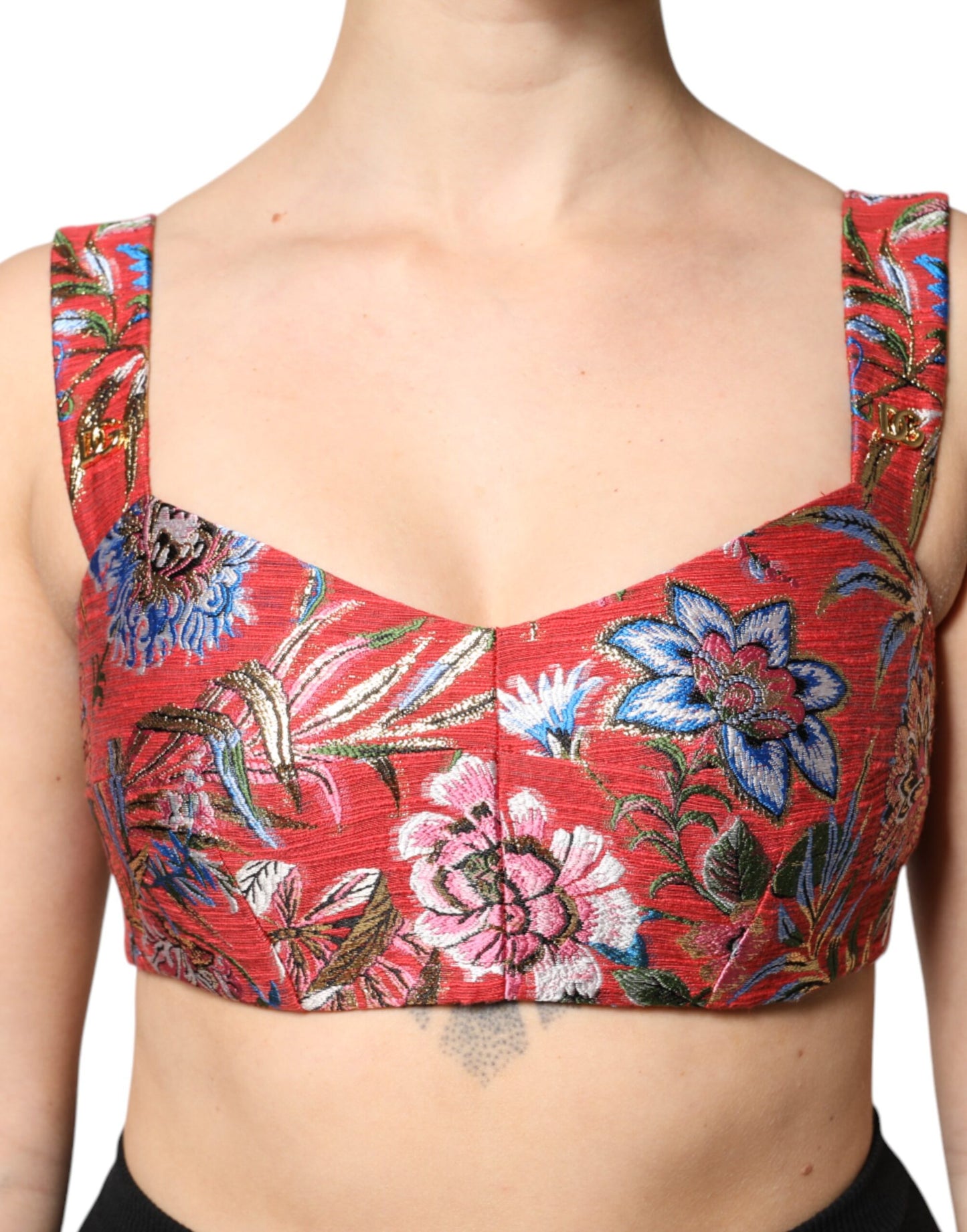 Dolce & Gabbana Red Floral Brocade Cropped Bustier Top