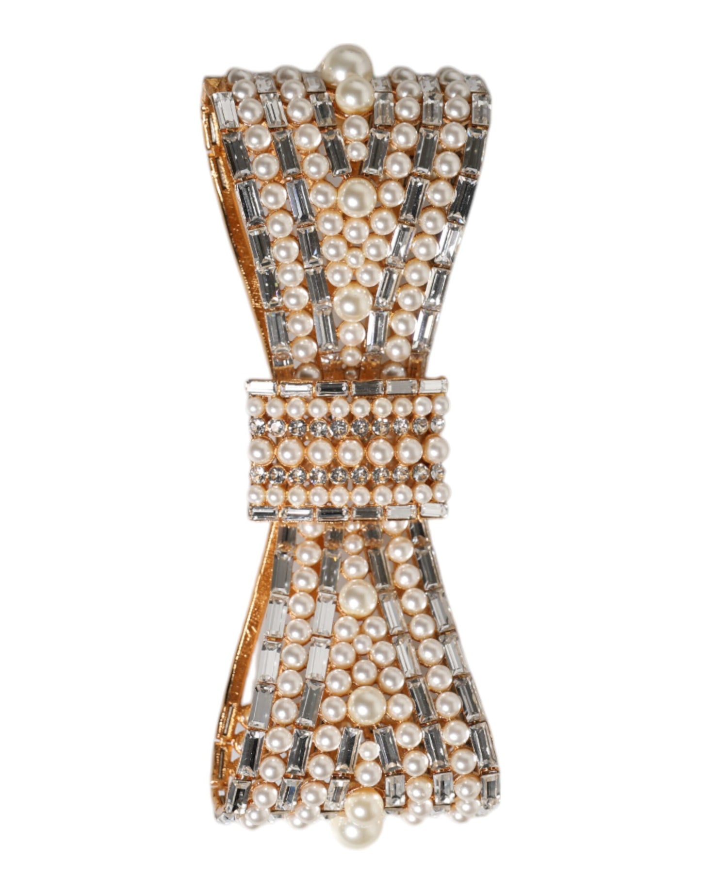 Dolce & Gabbana Gold Tone Brass Bow Crystal Faux Pearl Embellished Brooch