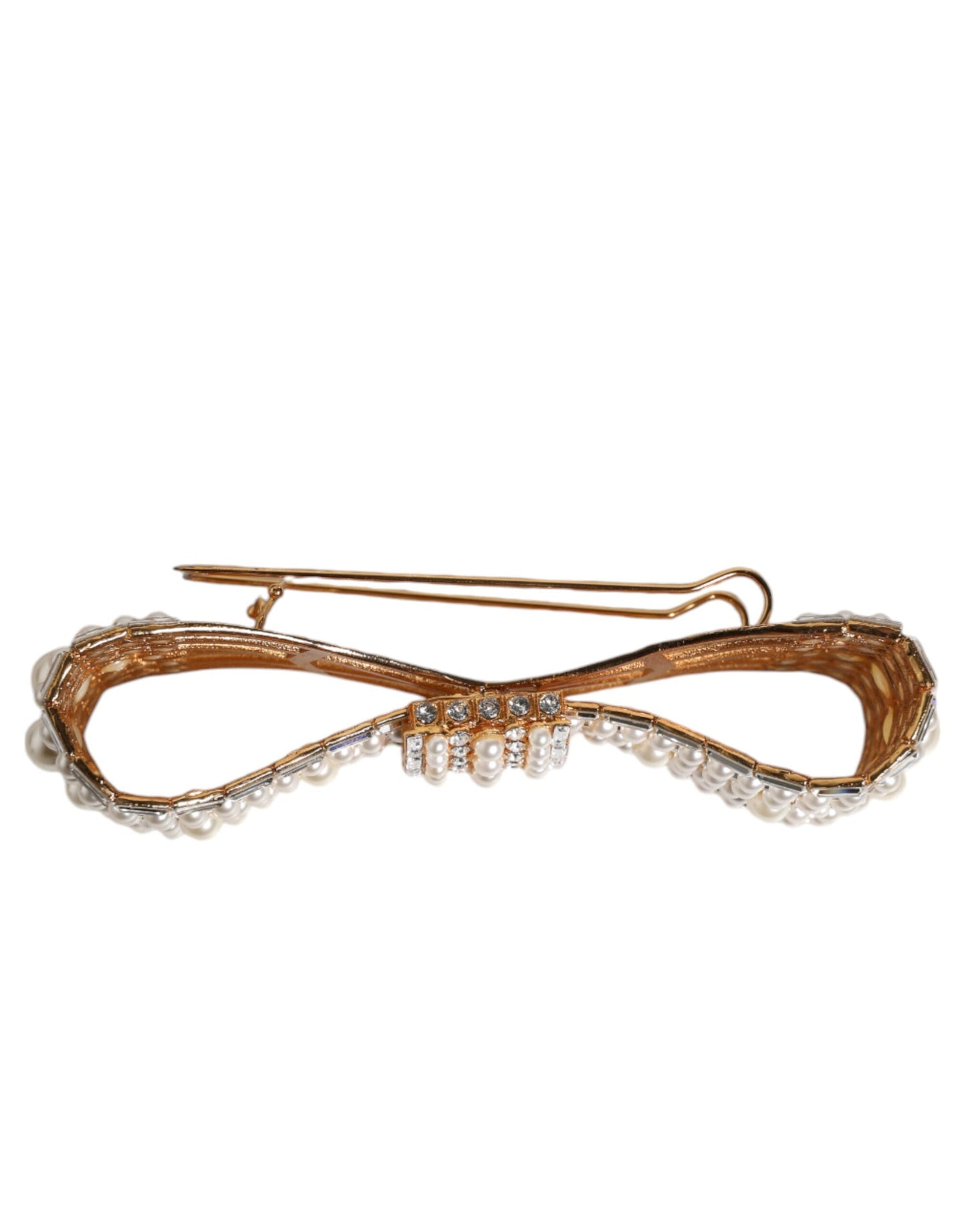 Dolce & Gabbana Gold Tone Brass Bow Crystal Faux Pearl Embellished Brooch