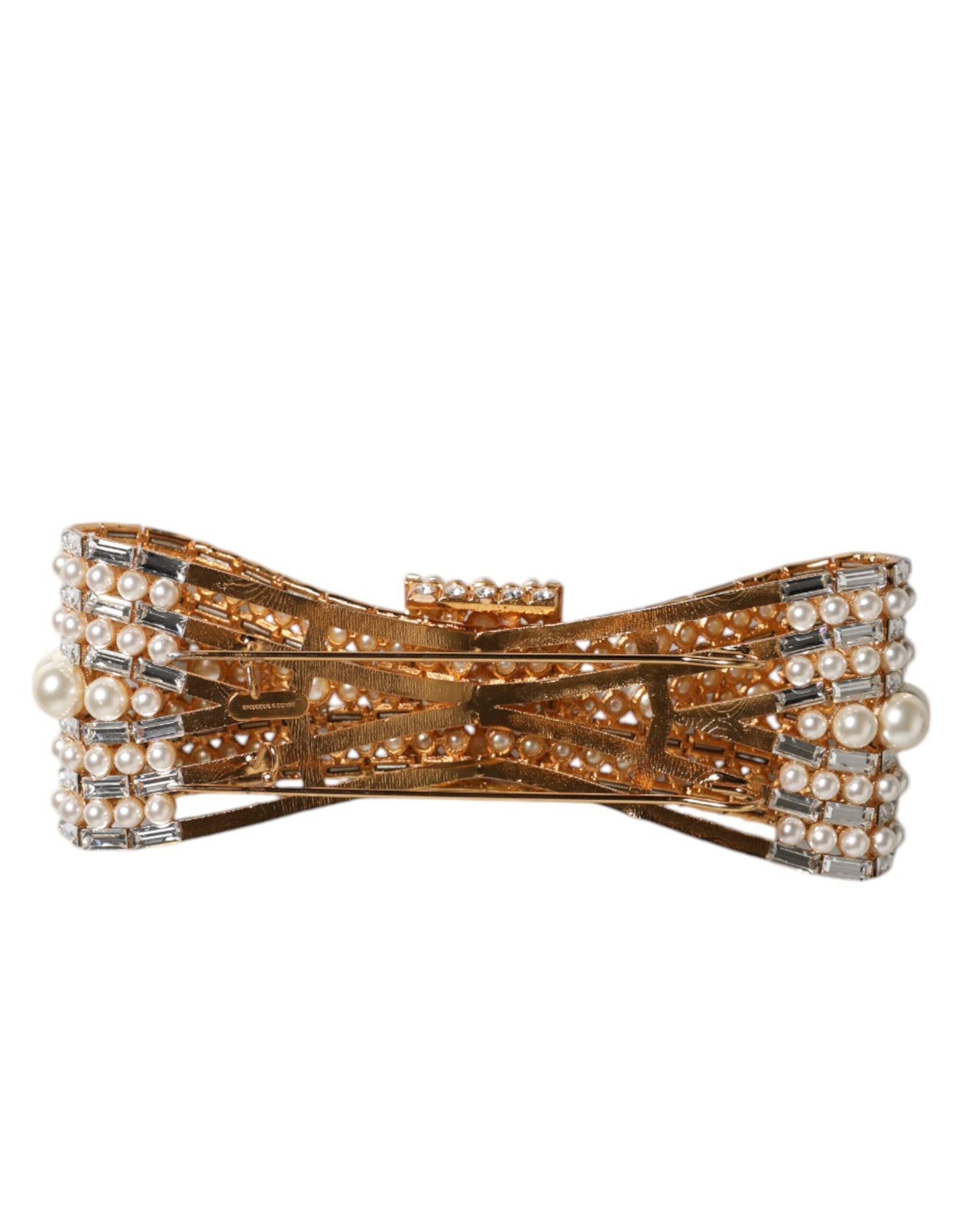 Dolce & Gabbana Gold Tone Brass Bow Crystal Faux Pearl Embellished Brooch
