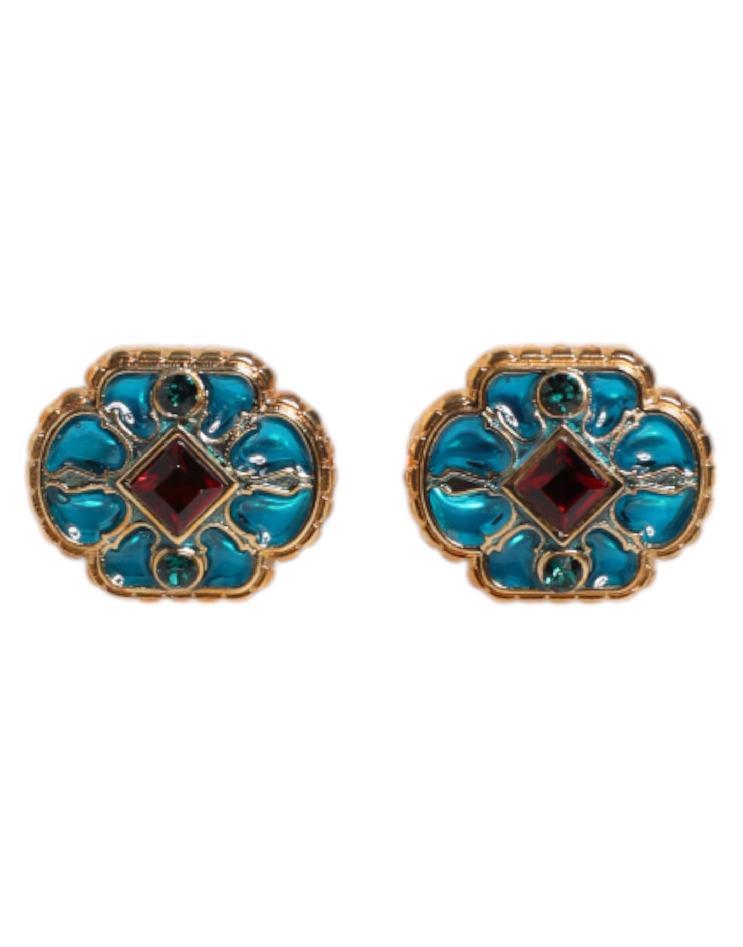 Dolce & Gabbana Gold Brass Blue Enameled Flower Cufflinks