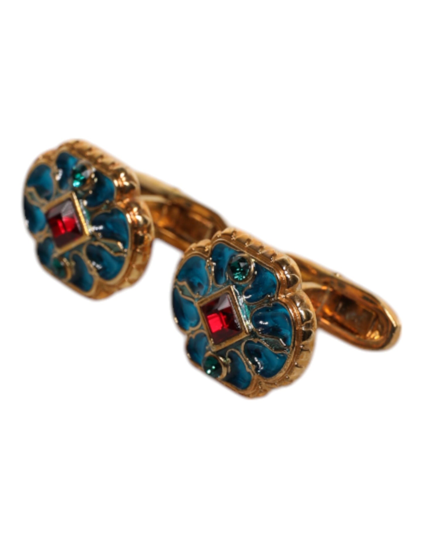 Dolce & Gabbana Gold Brass Blue Enameled Flower Cufflinks