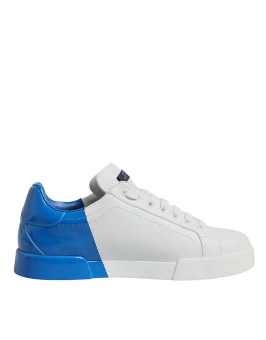 Dolce & Gabbana White & Blue Leather Logo Low Top Sneakers for Men