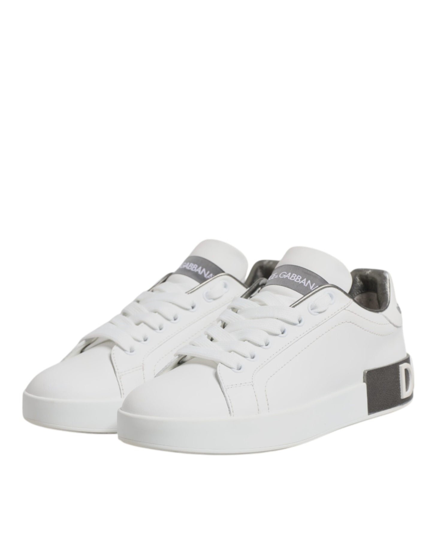 Dolce & Gabbana White Gray Leather Low Top Sneakers