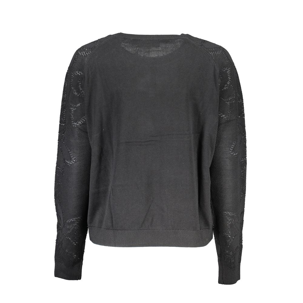 Desigual Black Cotton Sweater: Bold Contrast & Creative Flair