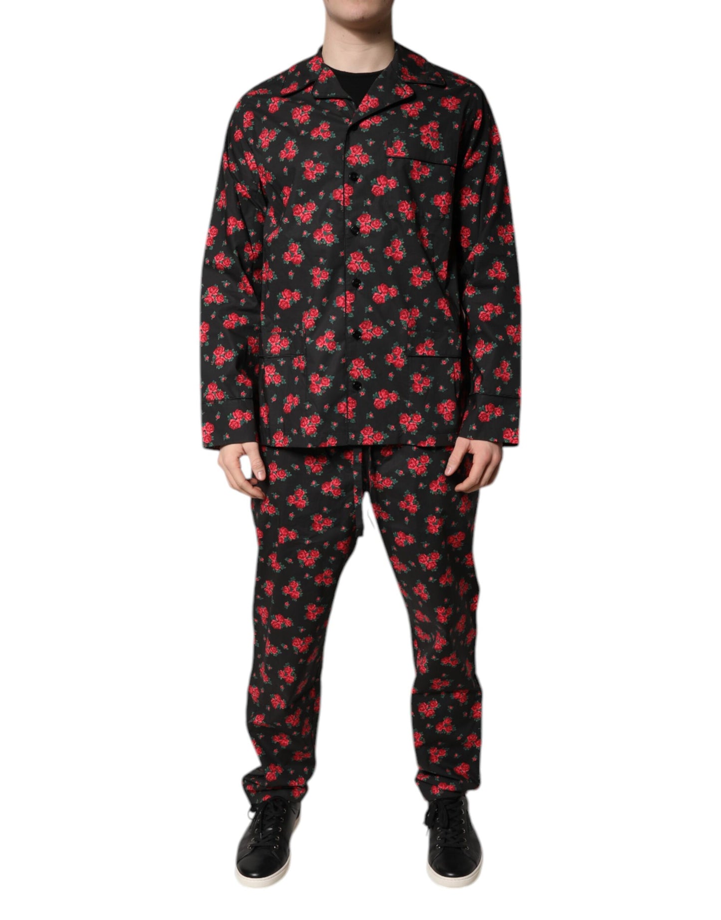 Dolce & Gabbana Black Floral Print Cotton Pajama Set for Men