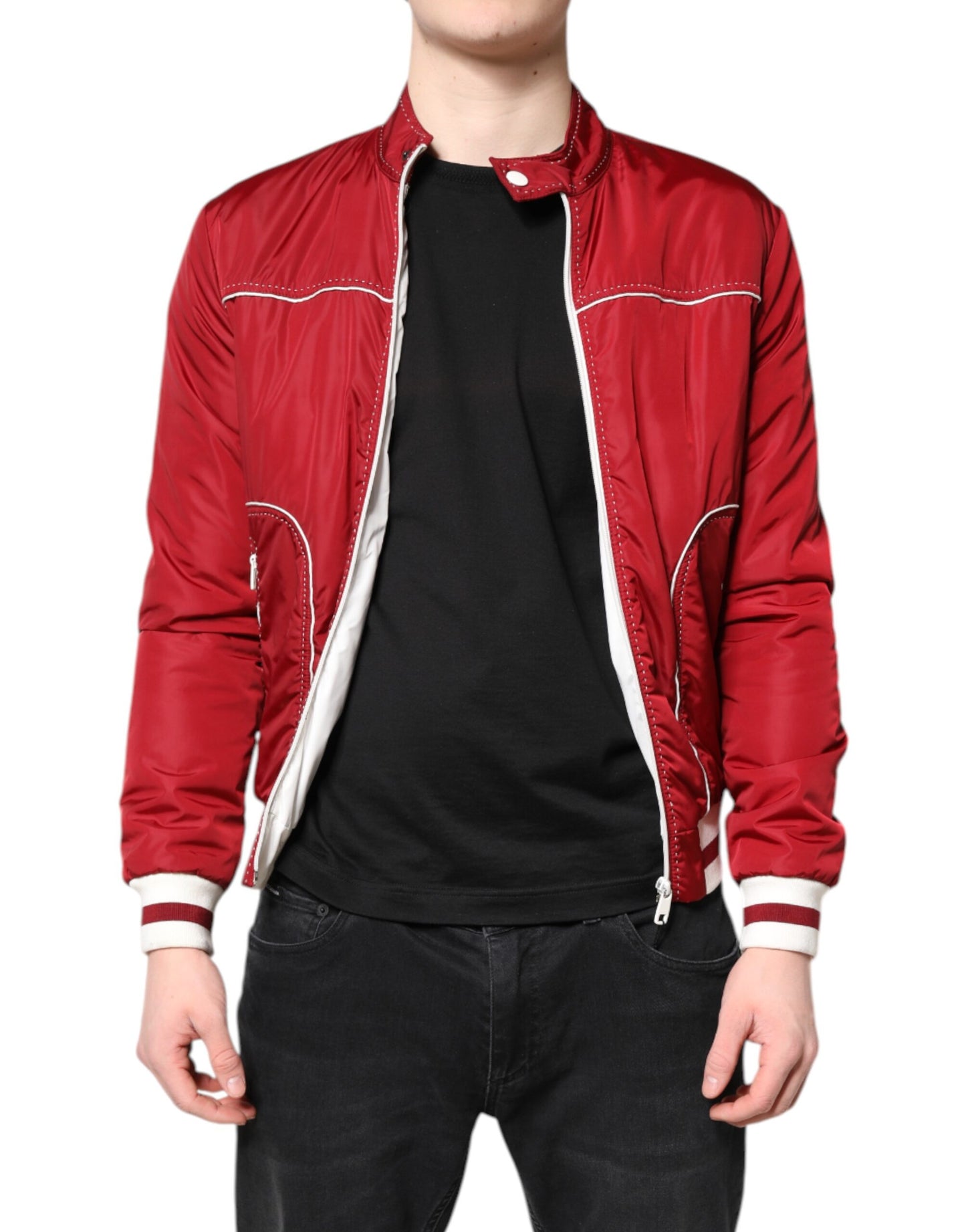 Dolce & Gabbana Red Nylon Full Zip Bomber Jacket for Men