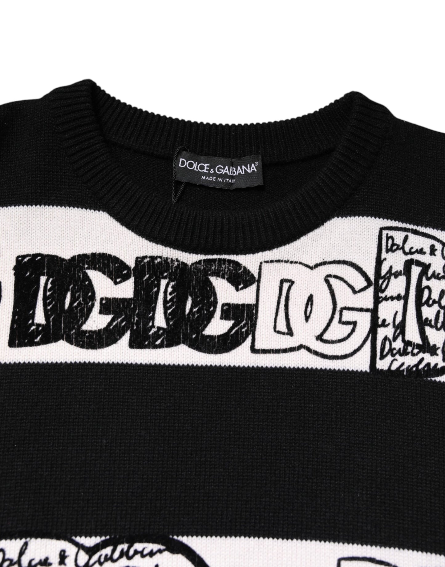 Dolce & Gabbana Black & White Logo Print Cashmere Pullover Sweater