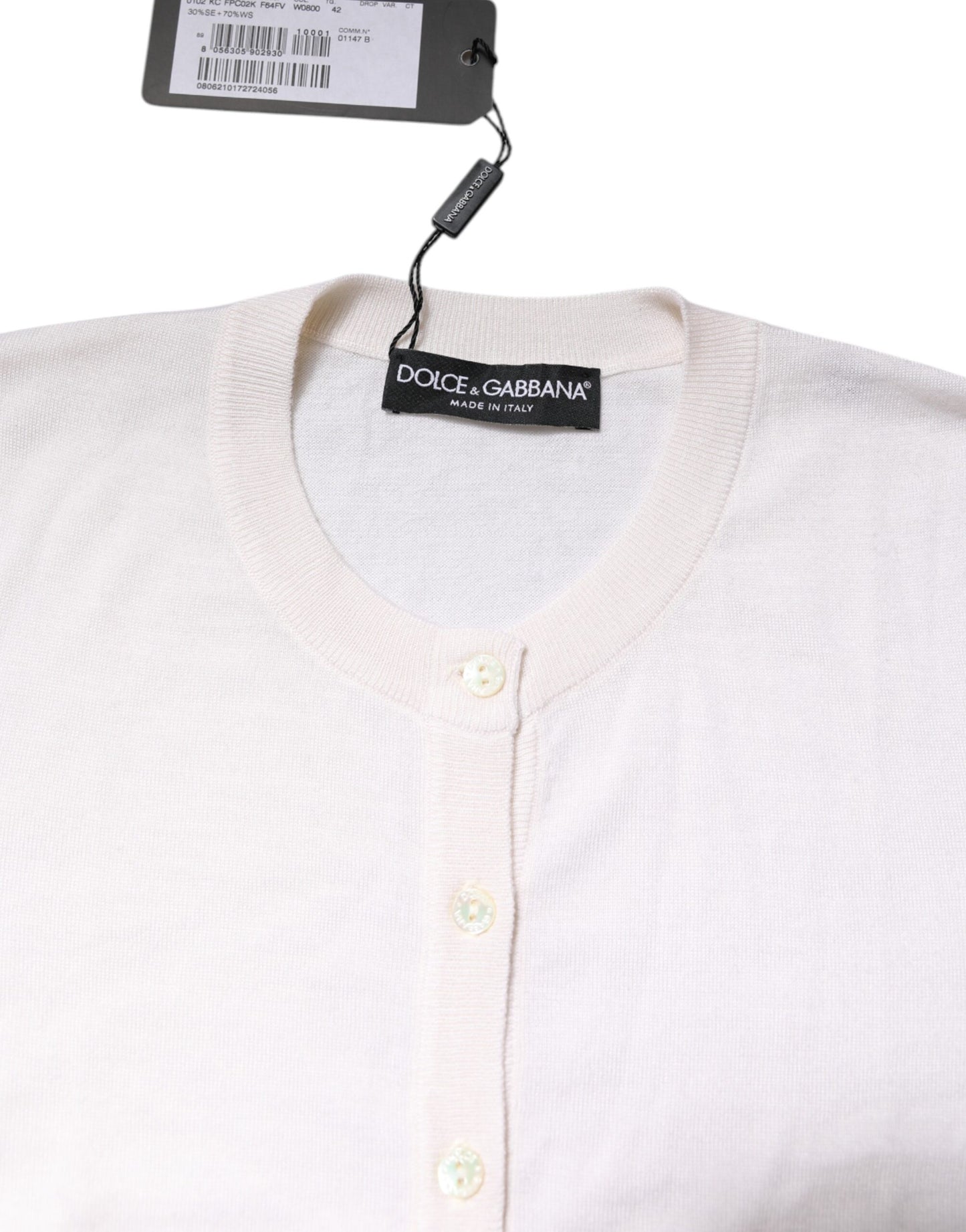 Dolce & Gabbana White Cashmere Crew Neck Cardigan Sweater