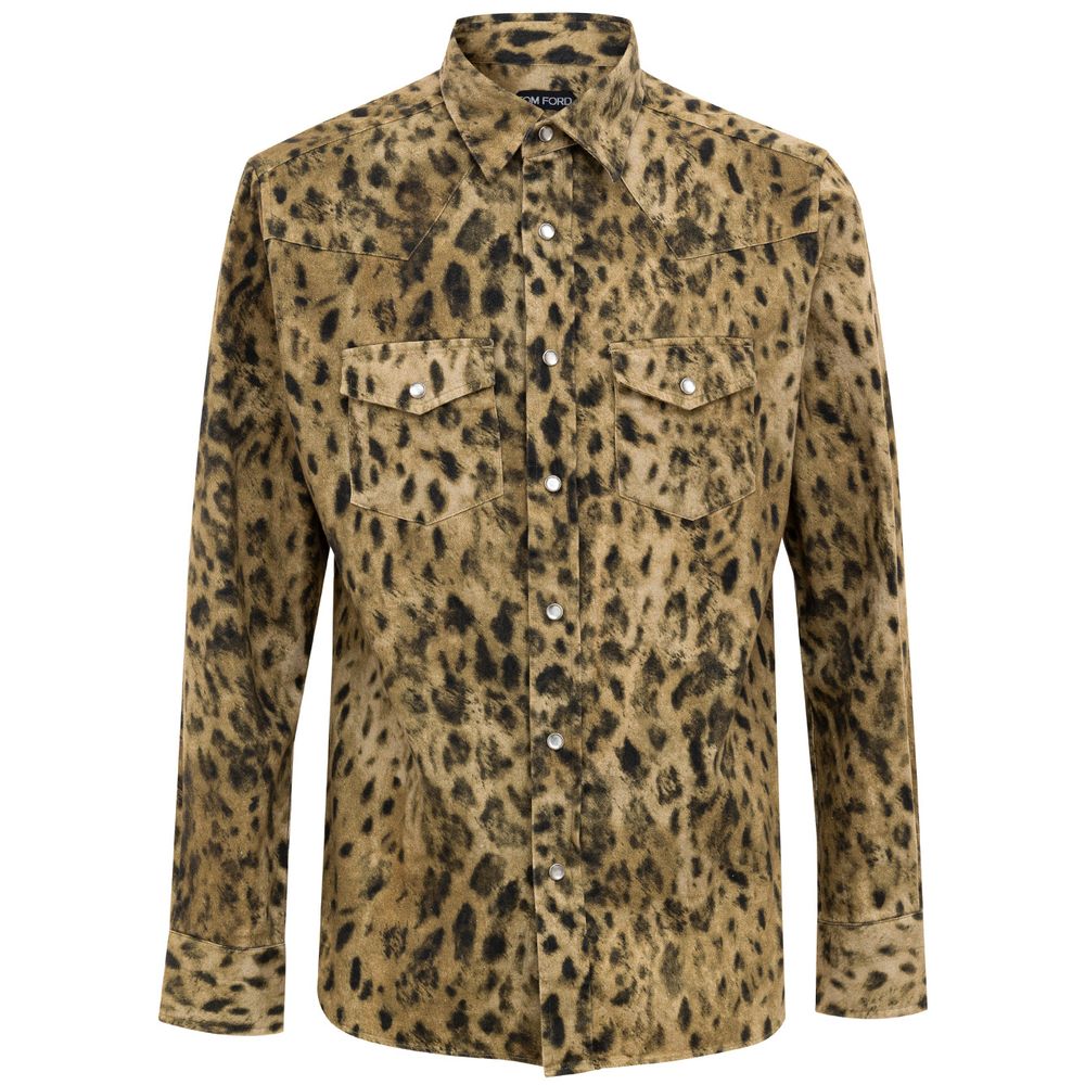Tom Ford Leopard Slim Shirt for Men - Beige and Brown