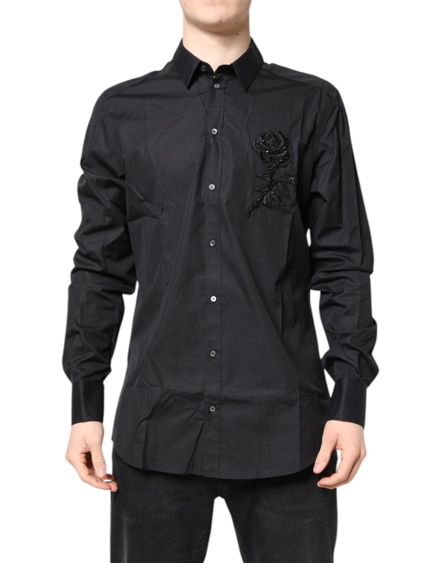 Dolce & Gabbana Black Floral Gold Cotton Dress Shirt