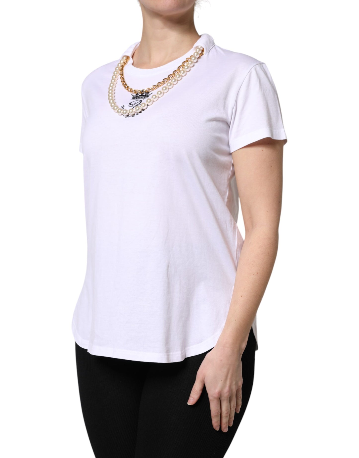 Dolce & Gabbana White Chain Pearl Cotton Round Neck T-Shirt