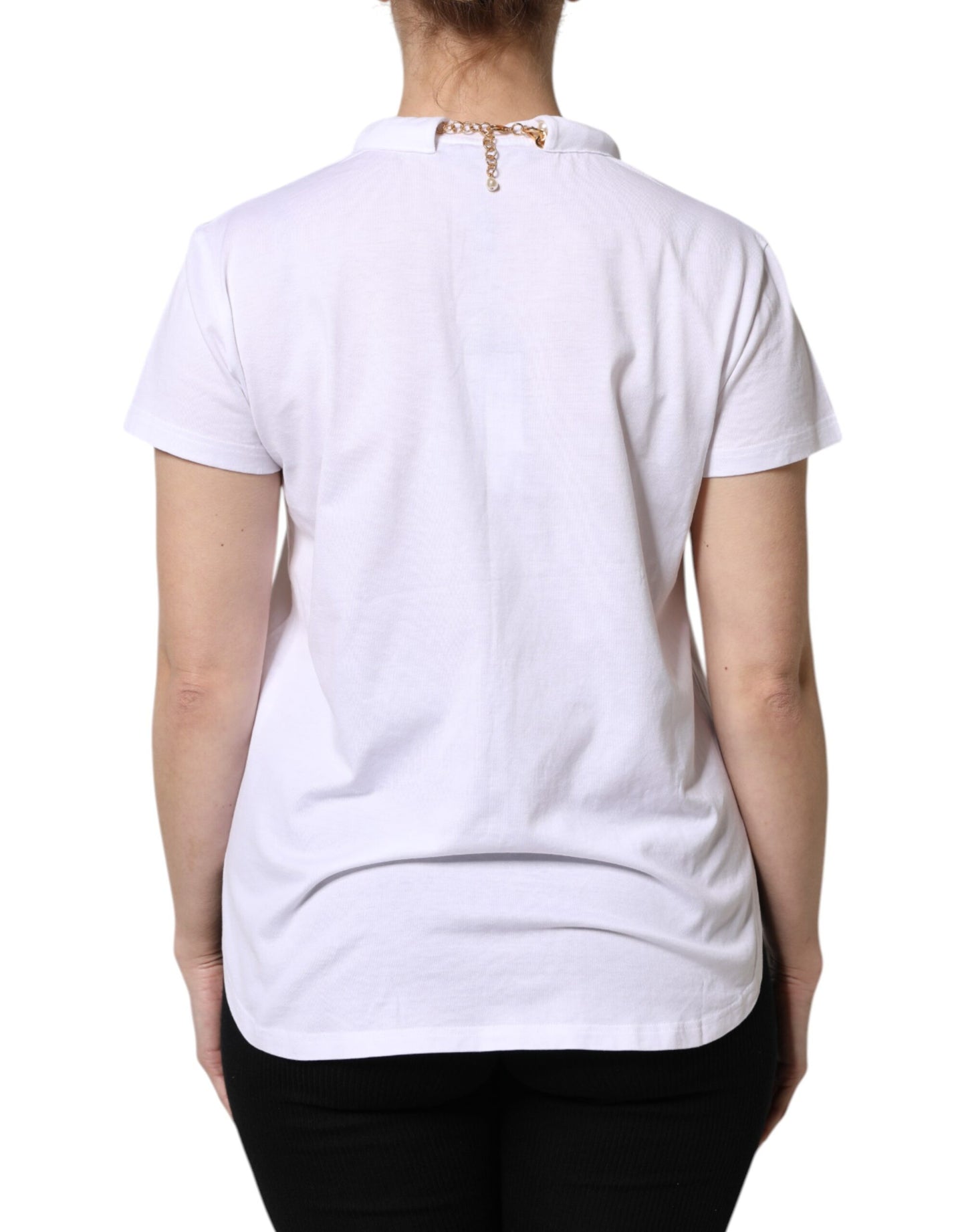 Dolce & Gabbana White Chain Pearl Cotton Round Neck T-Shirt