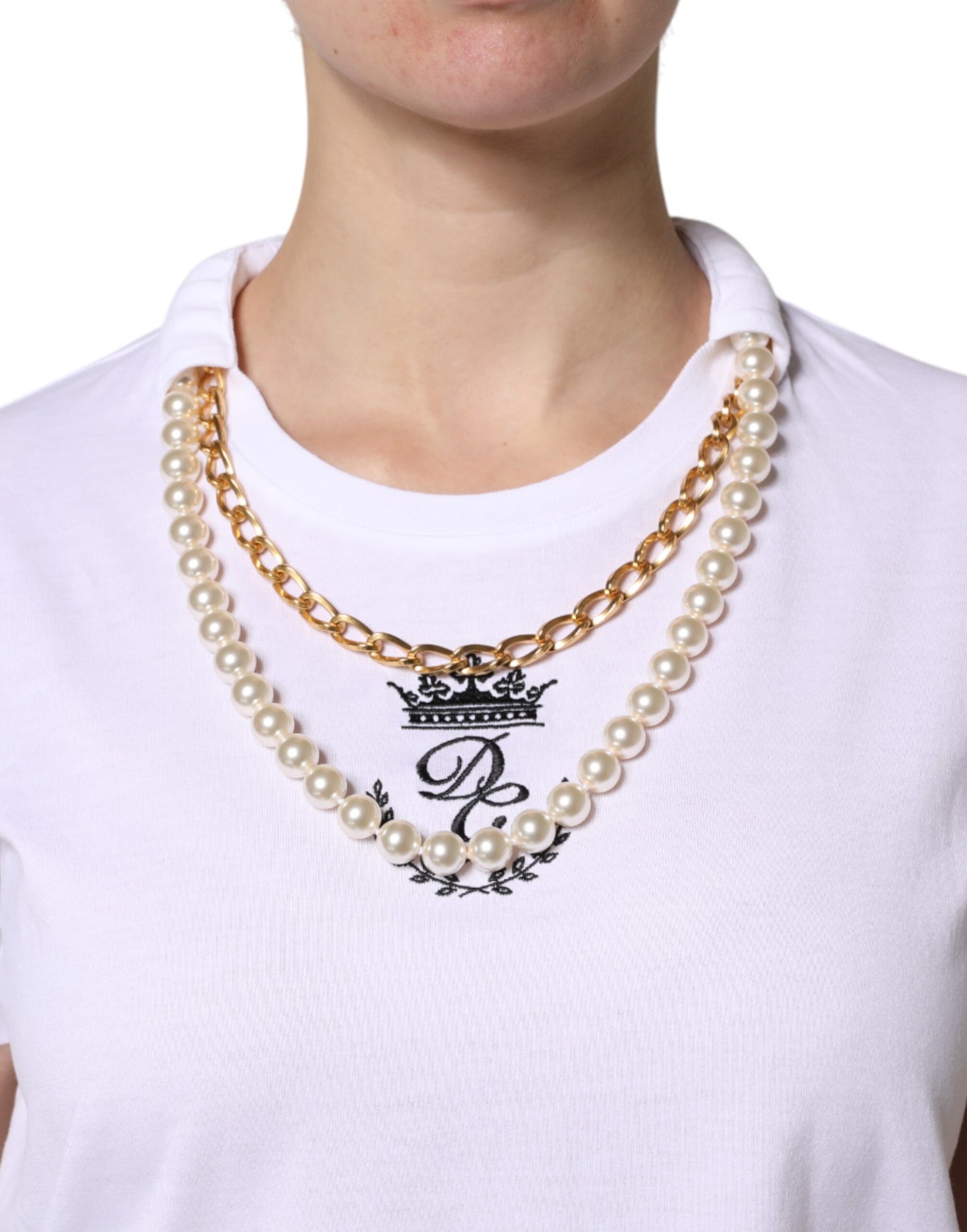 Dolce & Gabbana White Chain Pearl Cotton Round Neck T-Shirt
