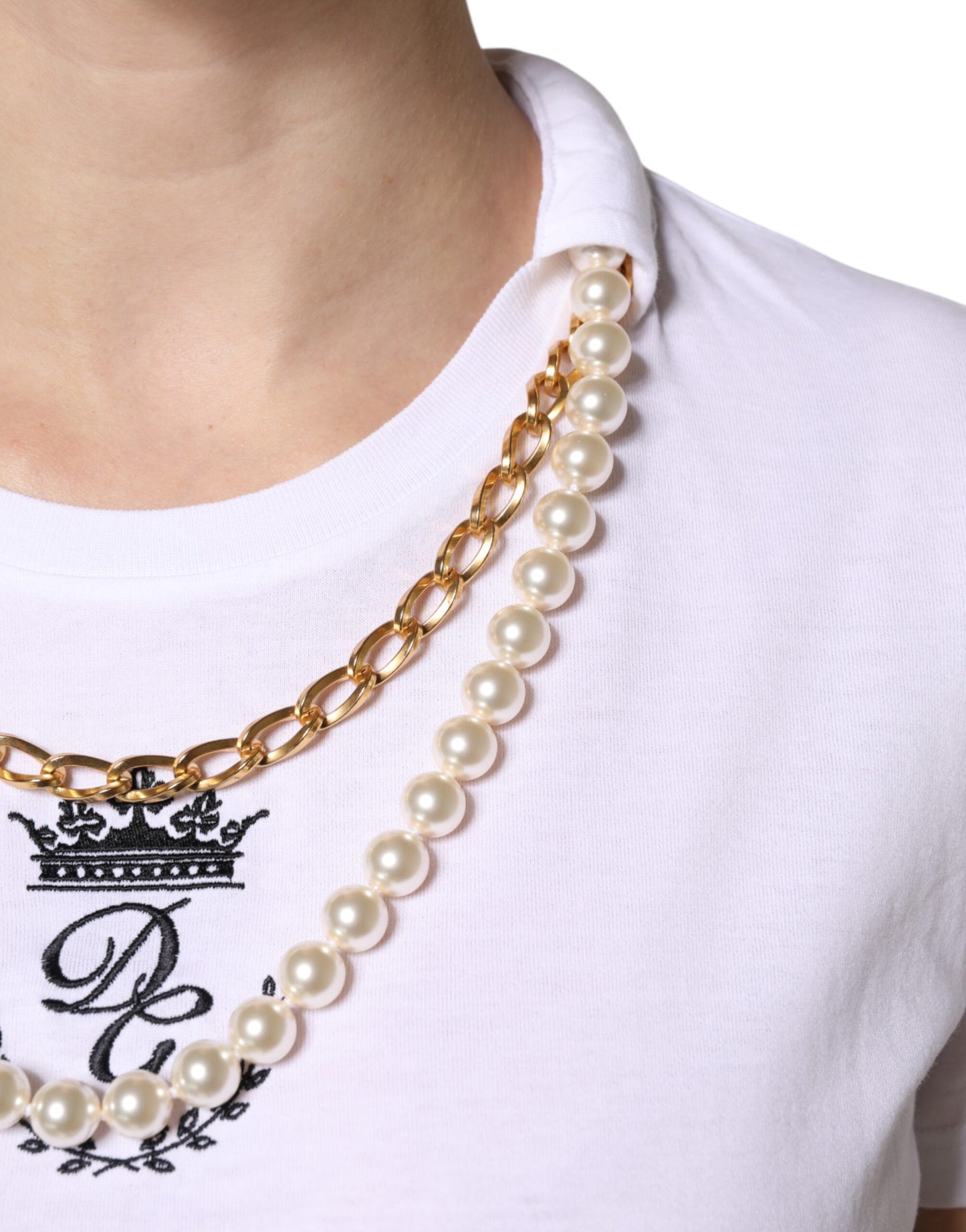 Dolce & Gabbana White Chain Pearl Cotton Round Neck T-Shirt