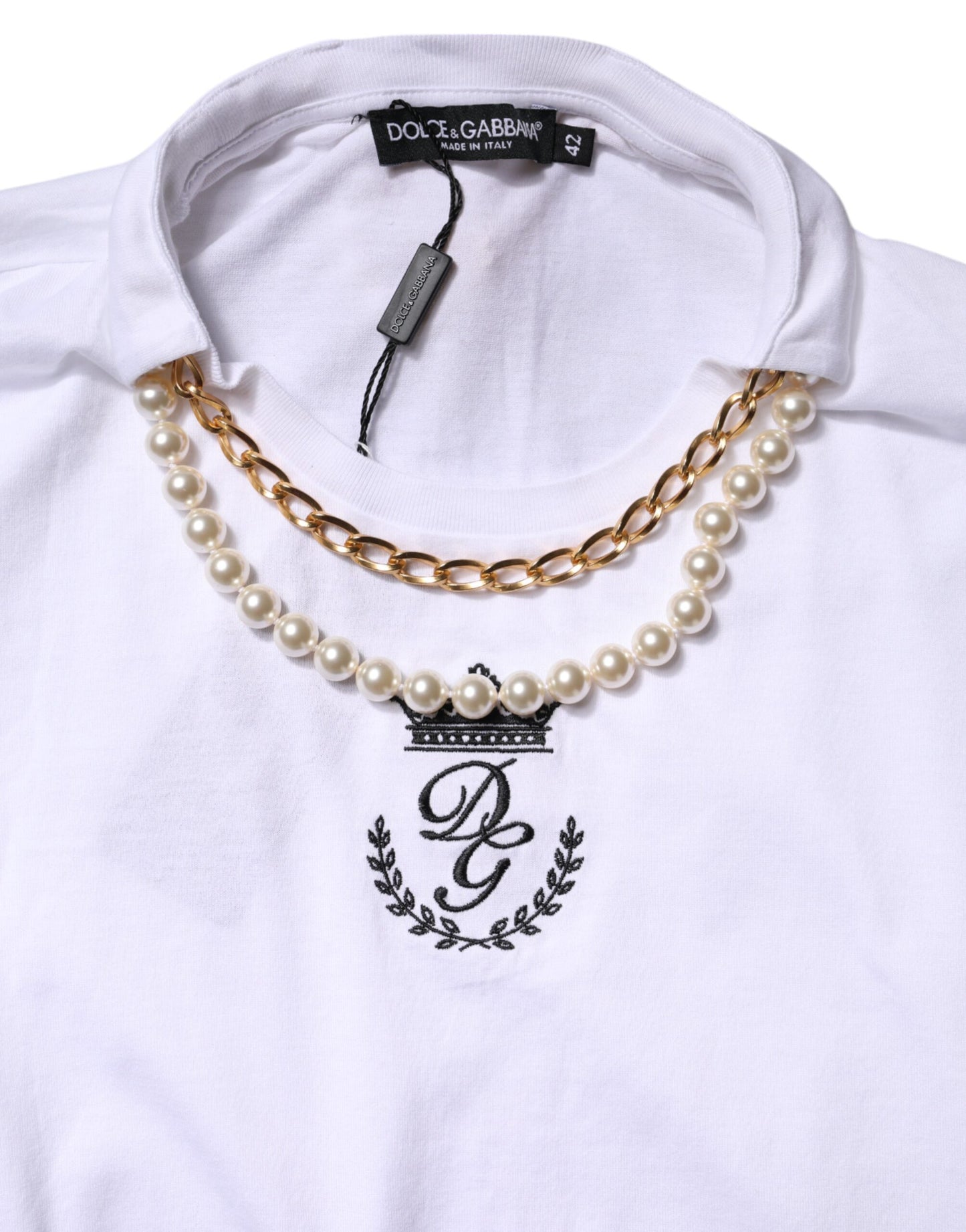 Dolce & Gabbana White Chain Pearl Cotton Round Neck T-Shirt