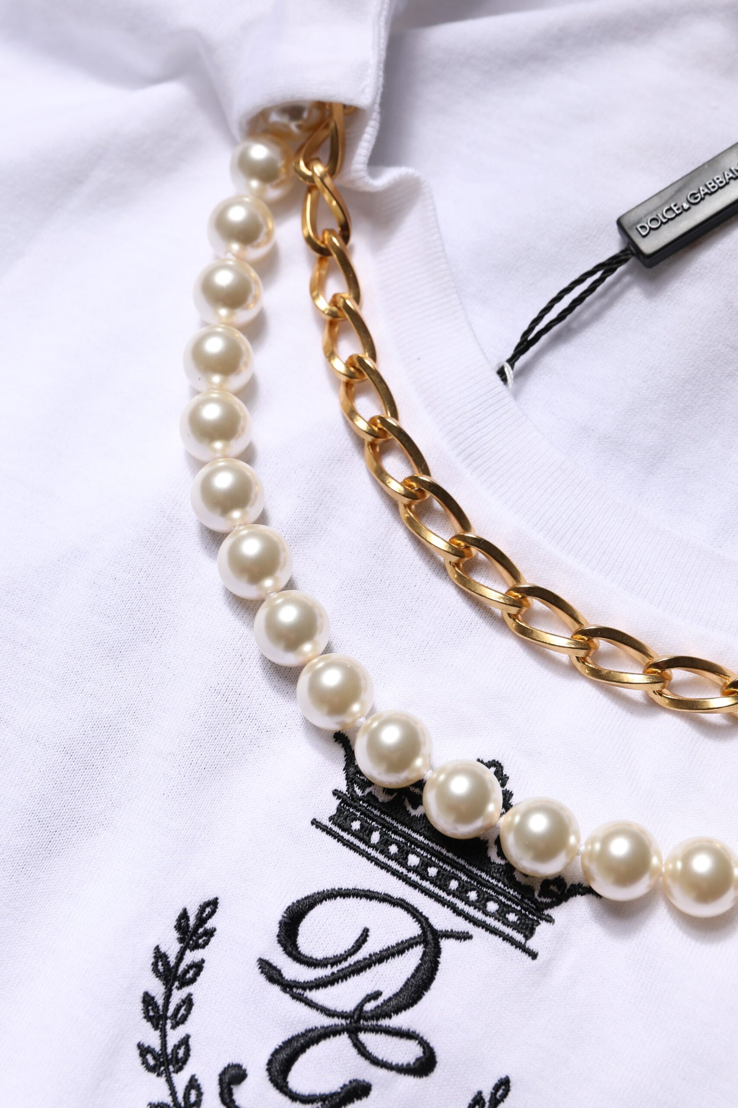 Dolce & Gabbana White Chain Pearl Cotton Round Neck T-Shirt