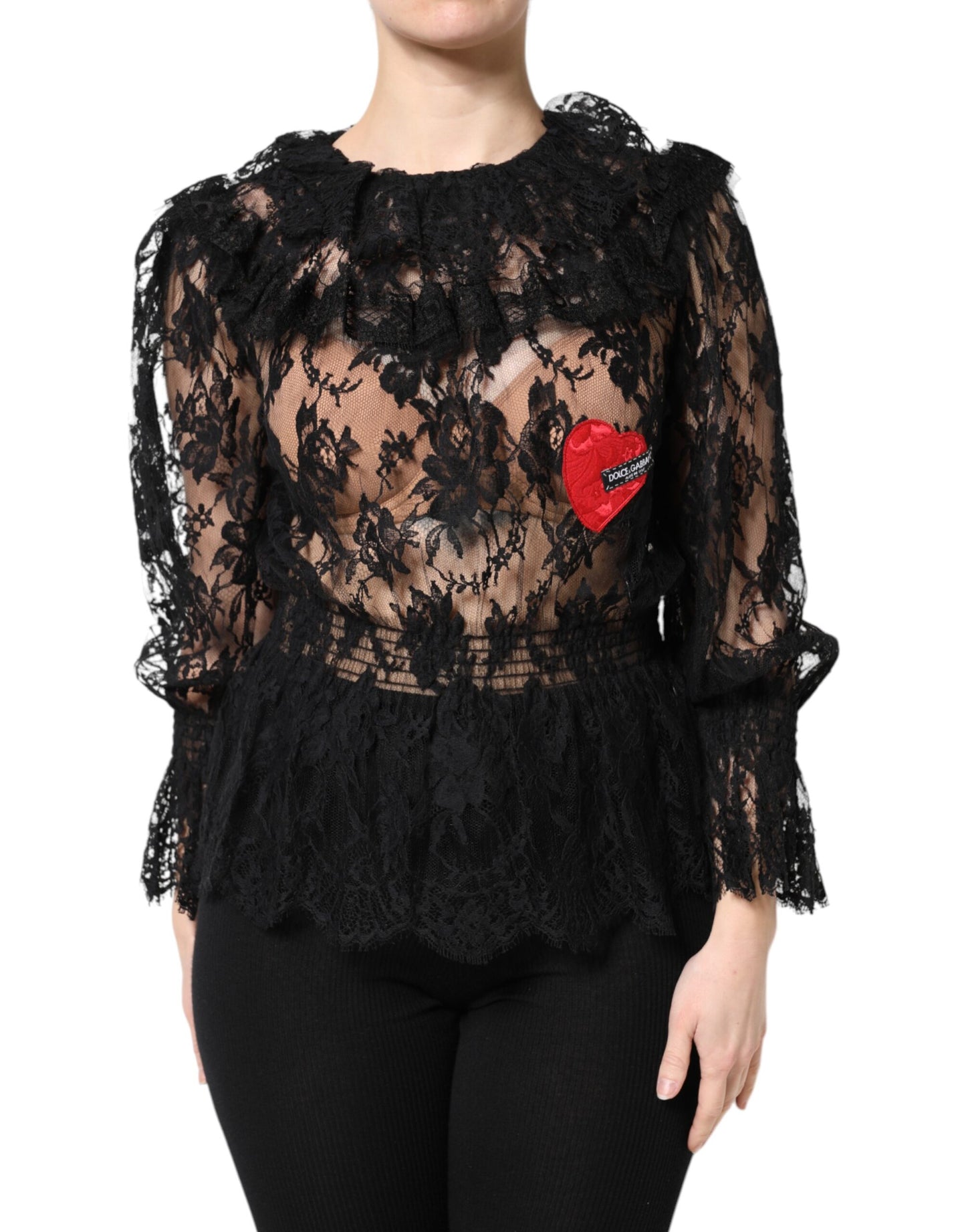 Dolce & Gabbana Black Cotton Floral Lace Blouse Top