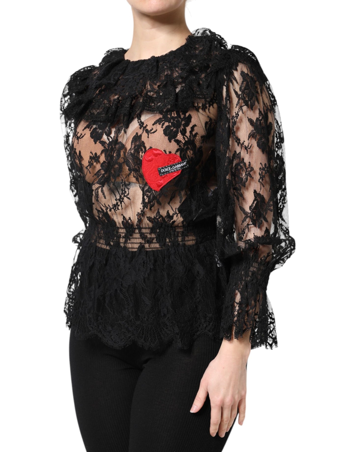 Dolce & Gabbana Black Cotton Floral Lace Blouse Top