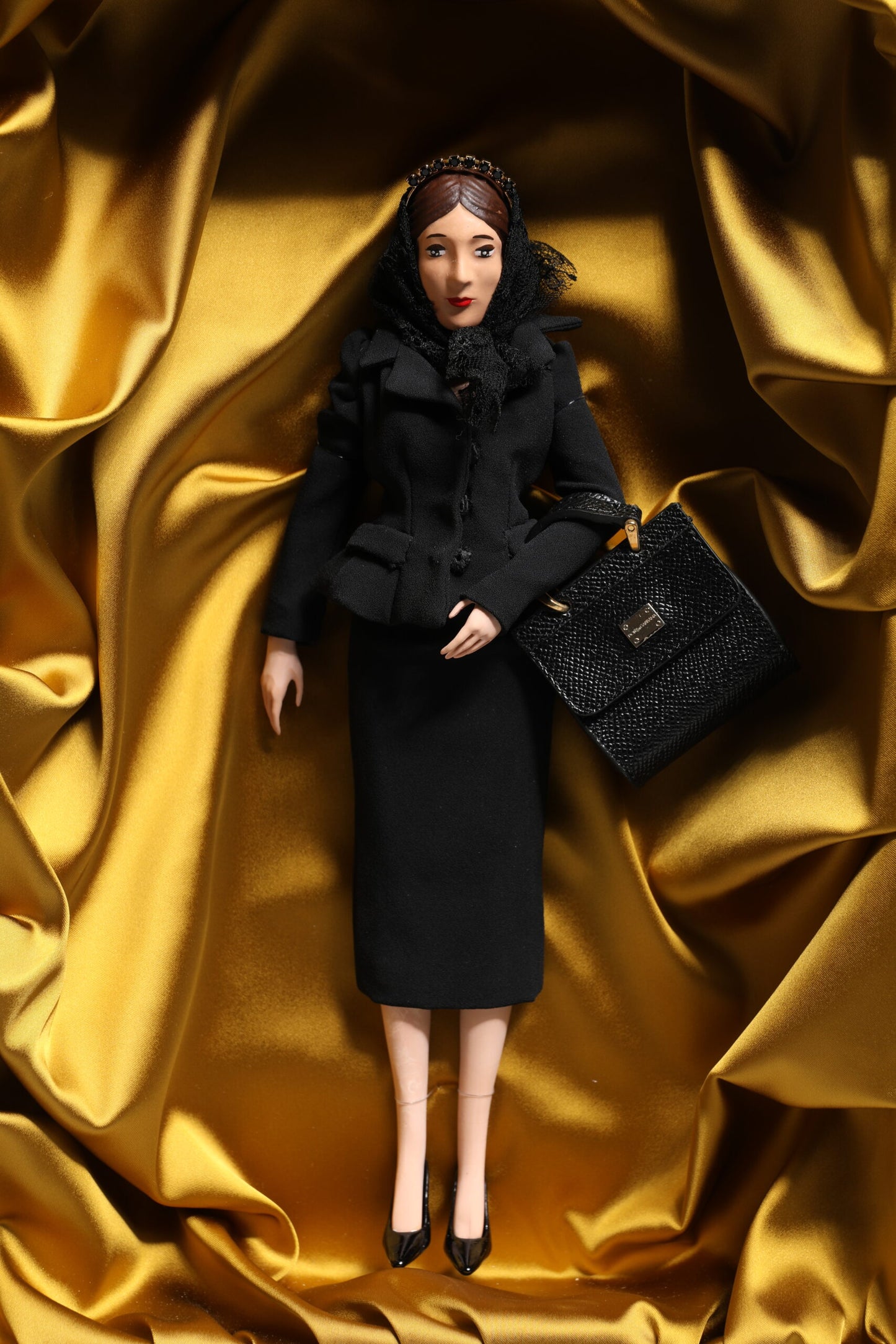 Dolce & Gabbana Black Dress Ceramic Porcelain Fashion Leather Sicily Doll