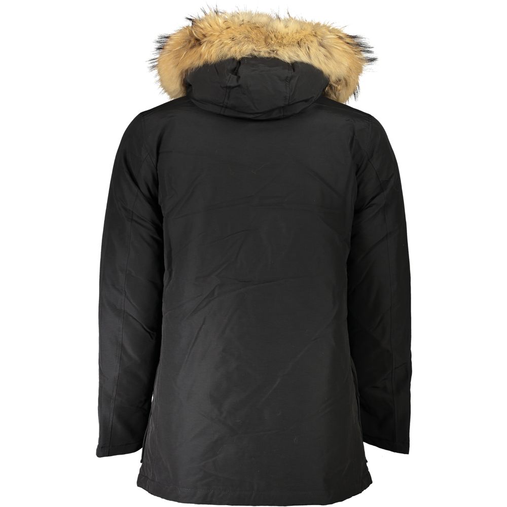 Woolrich Black Cotton Hooded Jacket with Removable Fur Trim