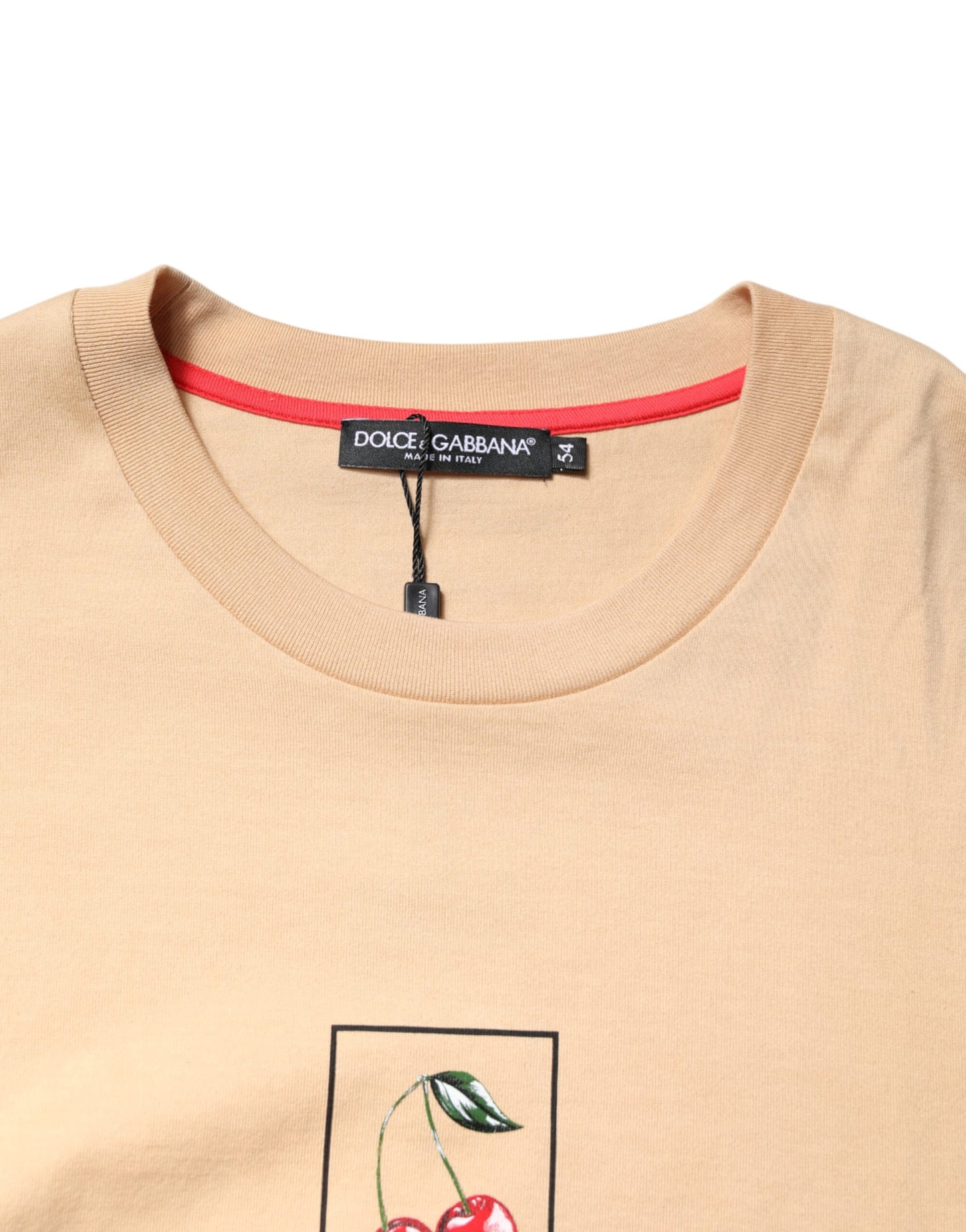 Dolce & Gabbana Beige Cotton Cherry DG Logo Print Crew Neck T-shirt