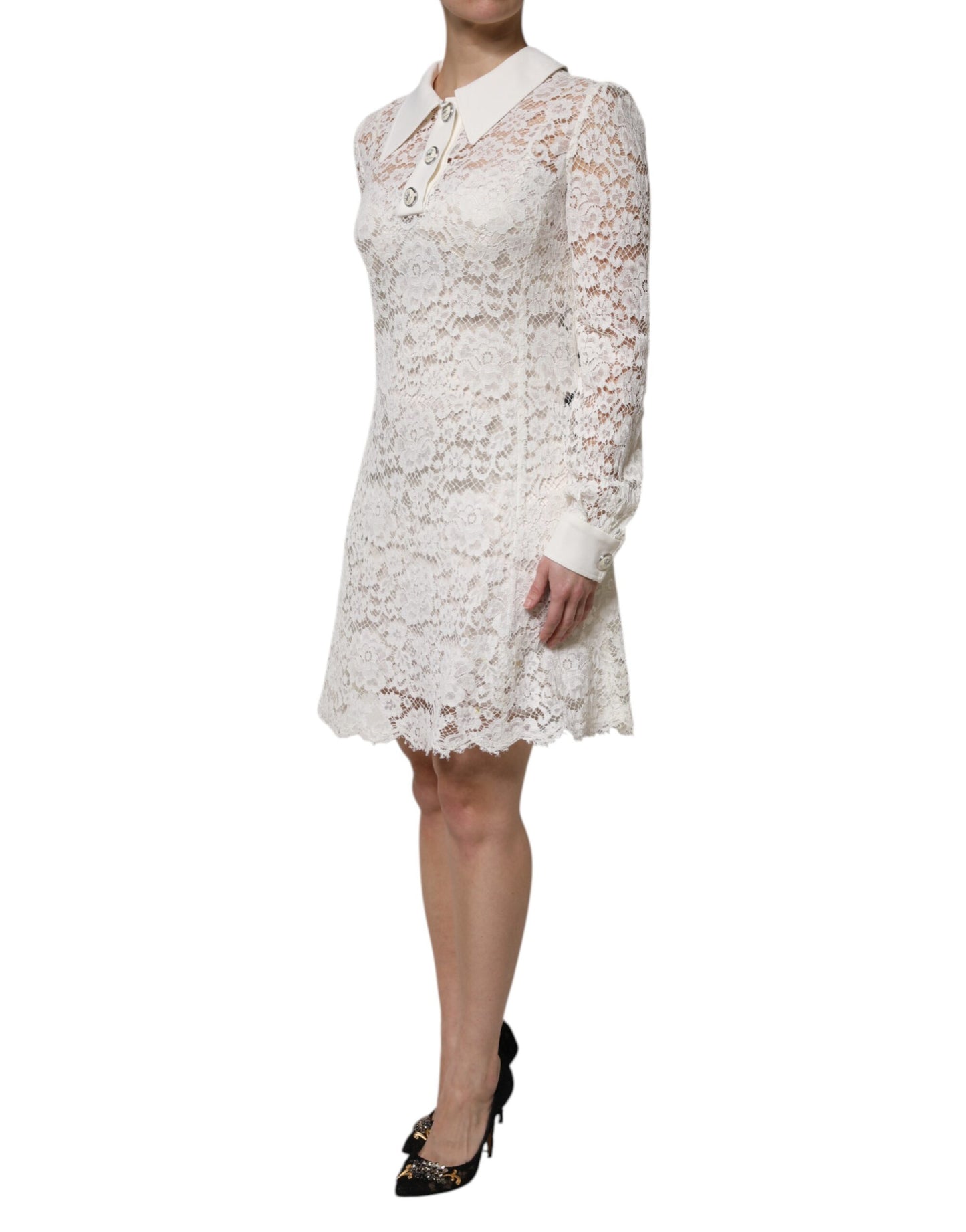 Dolce & Gabbana White Floral Lace Long Sleeves A-line Dress with Minor Defect