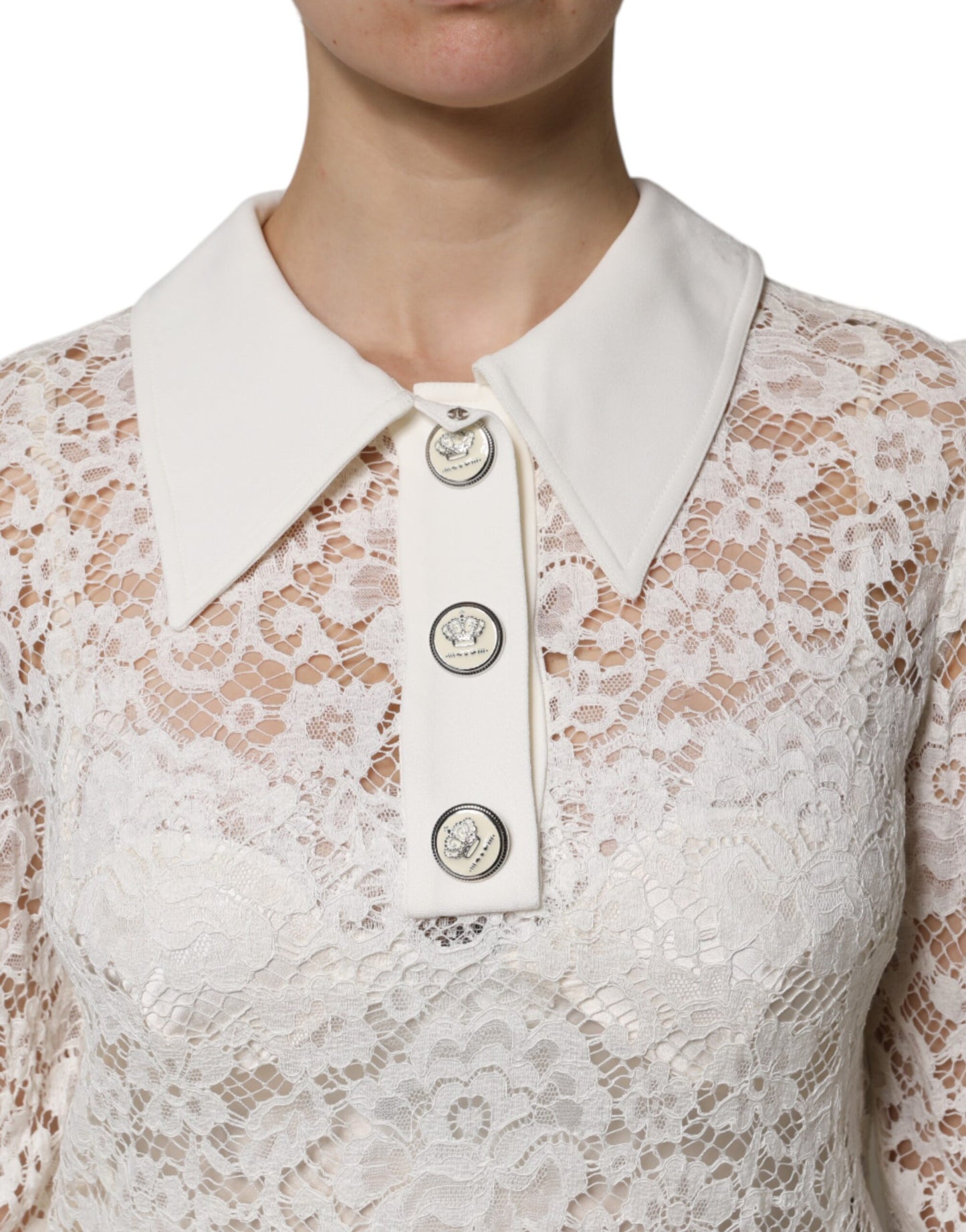 Dolce & Gabbana White Floral Lace Long Sleeves A-line Dress with Minor Defect