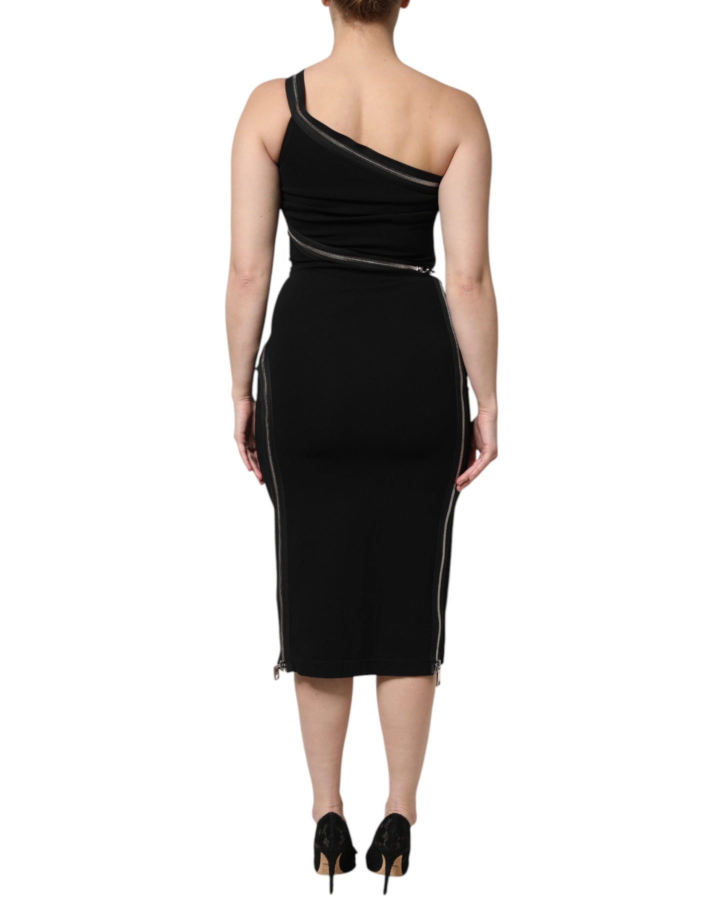 Dolce & Gabbana Black One Shoulder Zipper Detail Sheath Dress