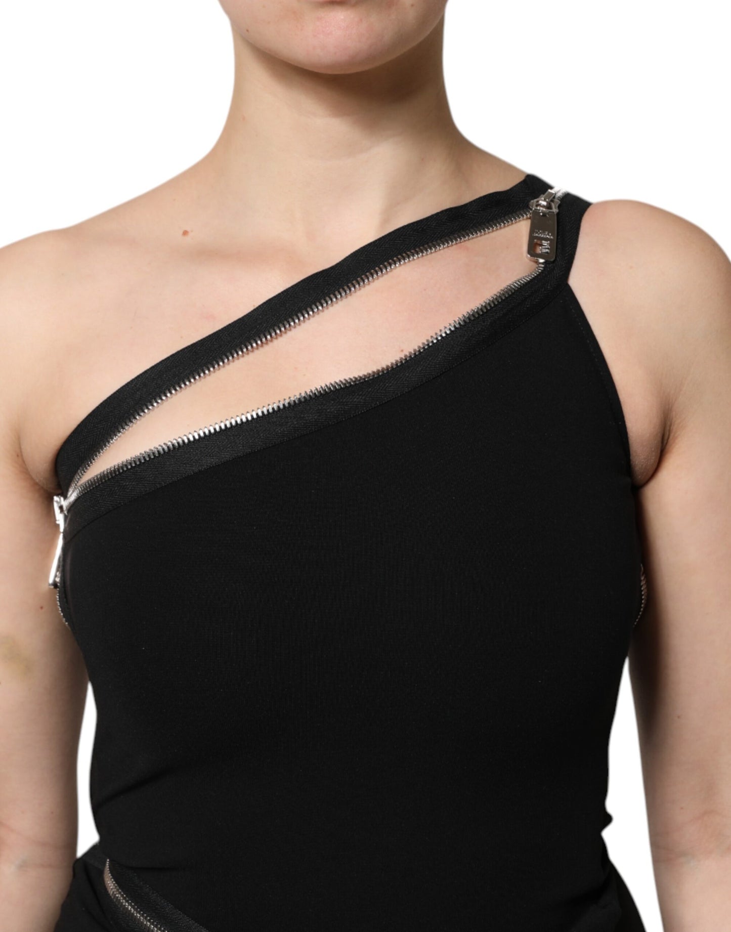 Dolce & Gabbana Black One Shoulder Zipper Detail Sheath Dress