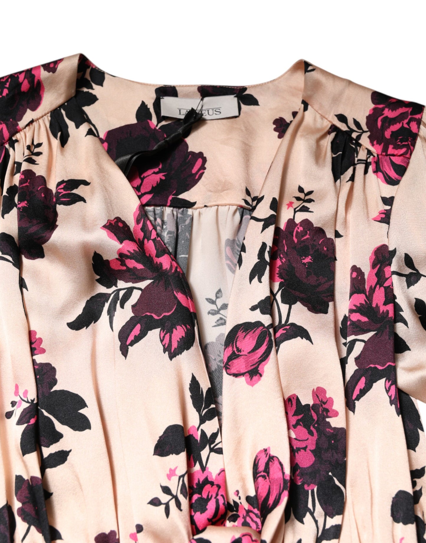 Laneus Pink Floral Silk Long Sleeves V-Neck Ruched Mini Dress