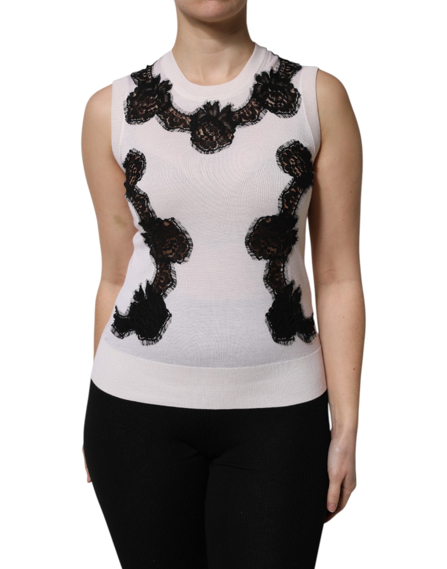 Dolce & Gabbana White Cashmere Floral Lace Detail Tank Top