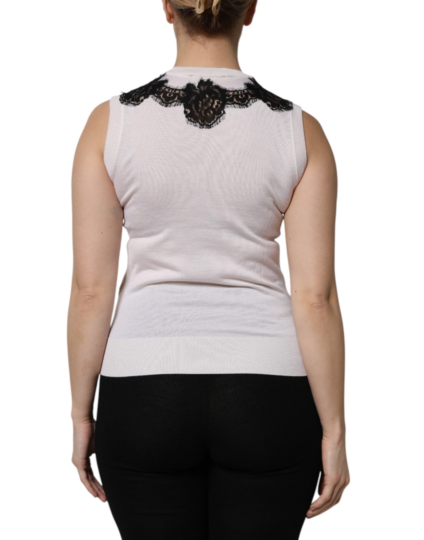 Dolce & Gabbana White Cashmere Floral Lace Detail Tank Top