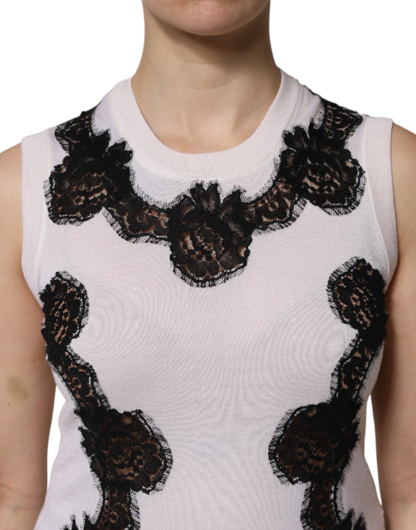 Dolce & Gabbana White Cashmere Floral Lace Detail Tank Top