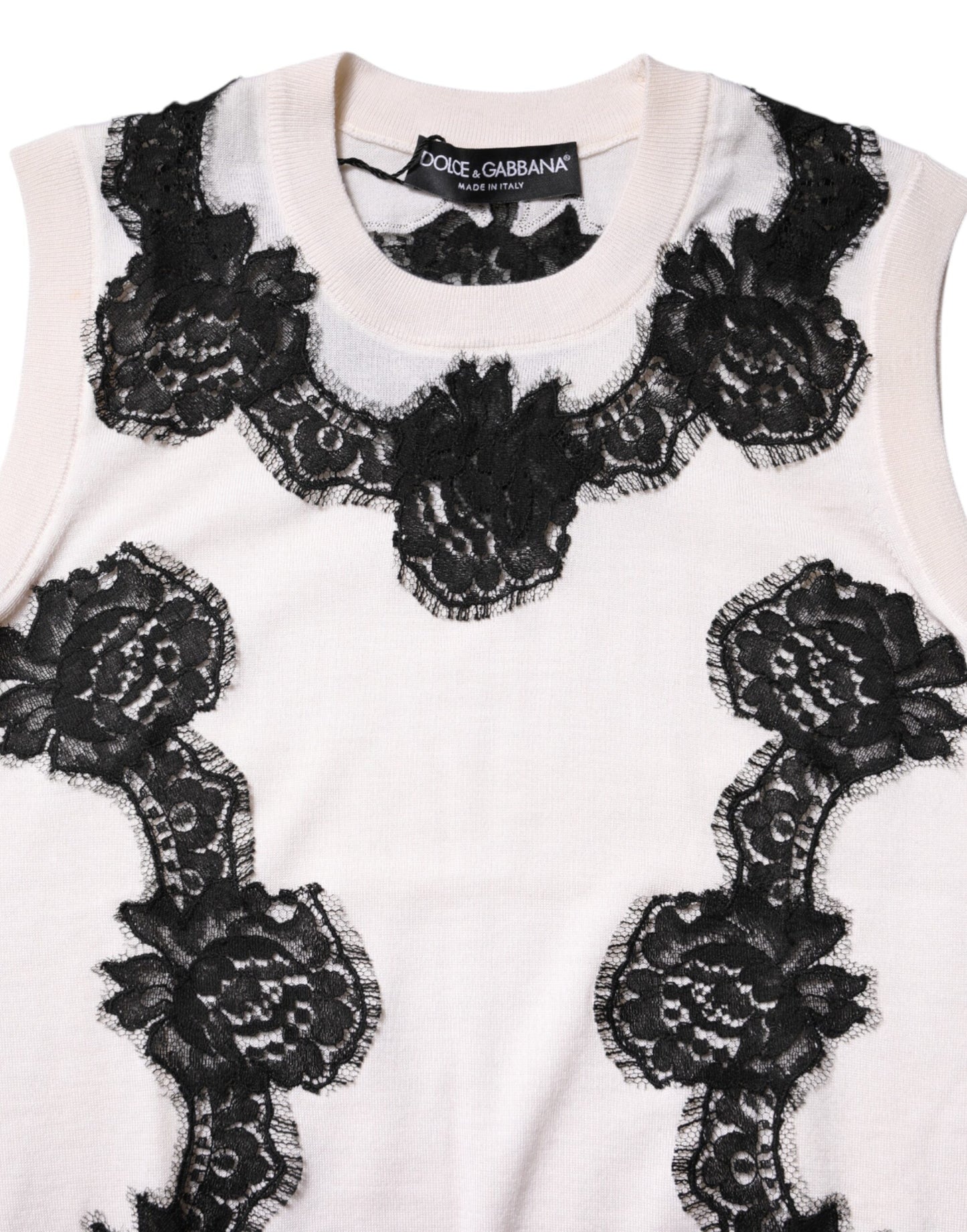 Dolce & Gabbana White Cashmere Floral Lace Detail Tank Top