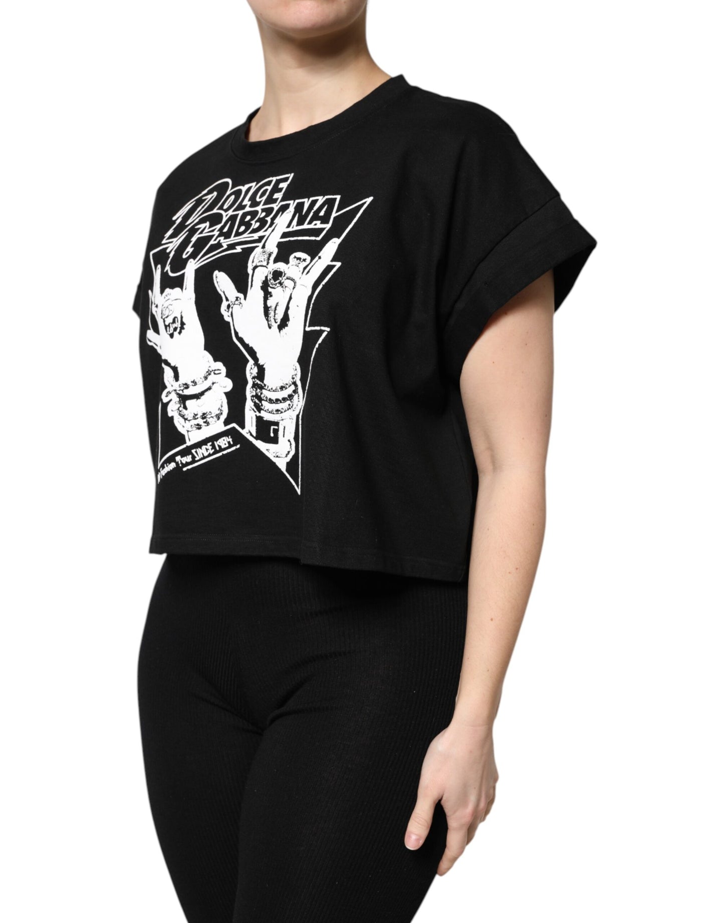 Dolce & Gabbana Black Cotton Rock Print Cropped T-Shirt