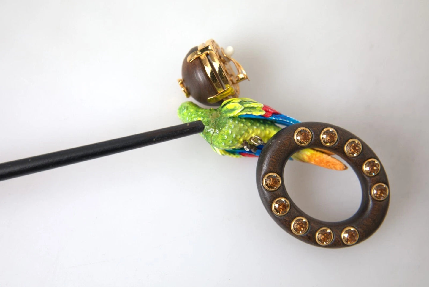Dolce & Gabbana Parrot Wood & Brass Crystal Embellished Earrings