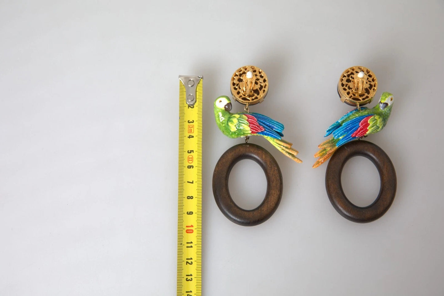 Dolce & Gabbana Parrot Wood & Brass Crystal Embellished Earrings