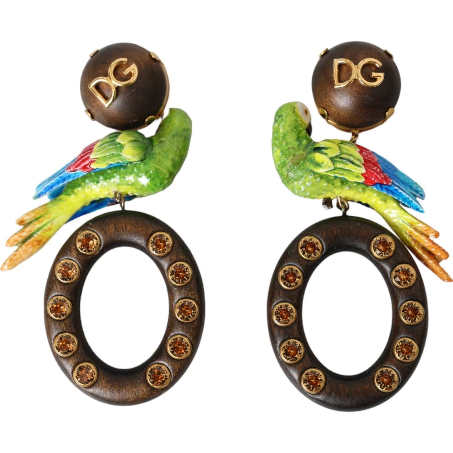 Dolce & Gabbana Parrot Wood & Brass Crystal Embellished Earrings